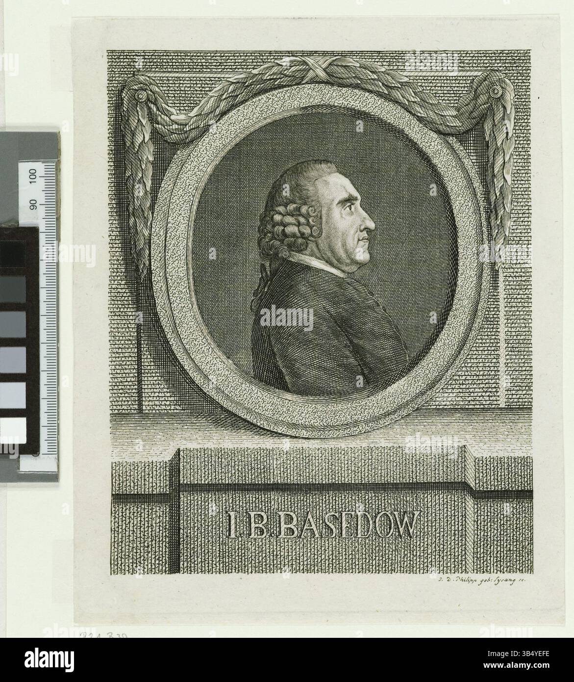 Ein Kupferstich-Porträt von Johann Bernhard Basedow, erstellt von Johanna Dorothea Philipp 1775. Sie ist Teil der Sammlung der Staats- und Universitätsbibliothek Hamburg. Stockfoto