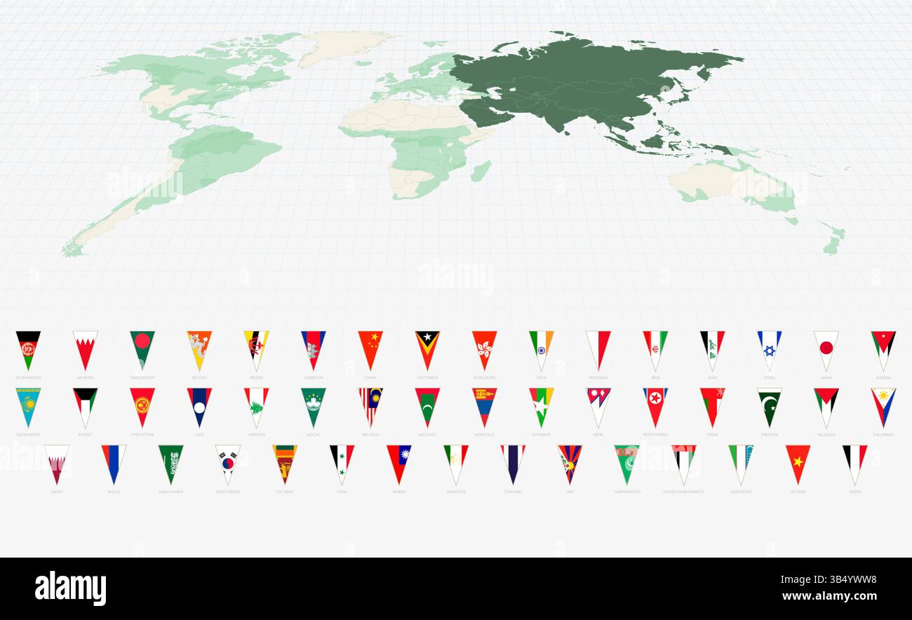 Vollständiger Satz asiatischer Landesflaggen im vertikalen Dreieckformat. Vector World Map. Stock Vektor