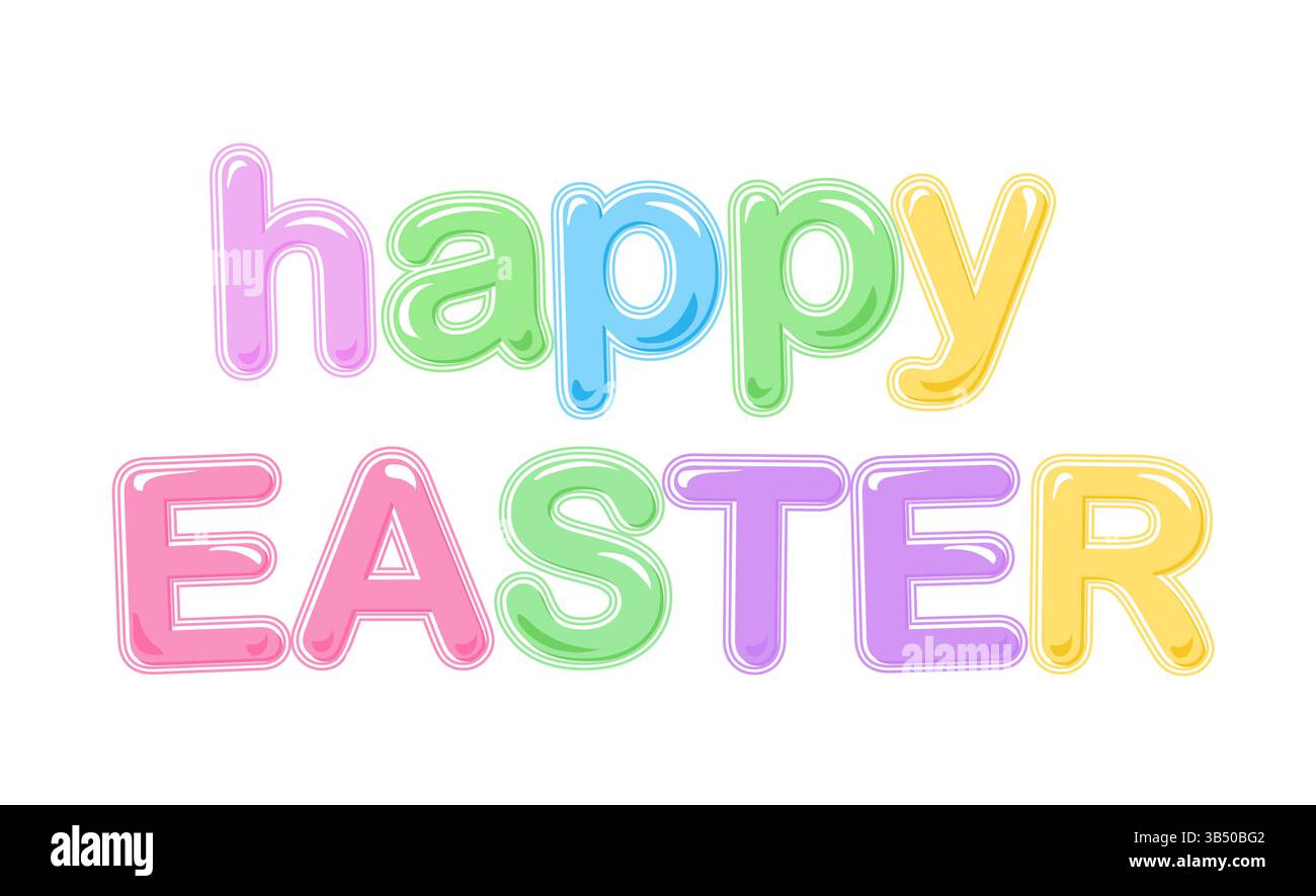 Farbenfroher Happy easter Text auf weißem Hintergrund. Osterfeierlichkeiten oder Frühlingshintergrund. Abgerundete Schrift in grünen, blauen, rosa und gelben Buchstaben Stockfoto Farbenfroher Happy easter Text auf weißem Hintergrund. Osterfeierlichkeiten oder Frühlingshintergrund. Abgerundete Schrift in grünen, blauen, rosa und gelben Buchstaben Stockfoto