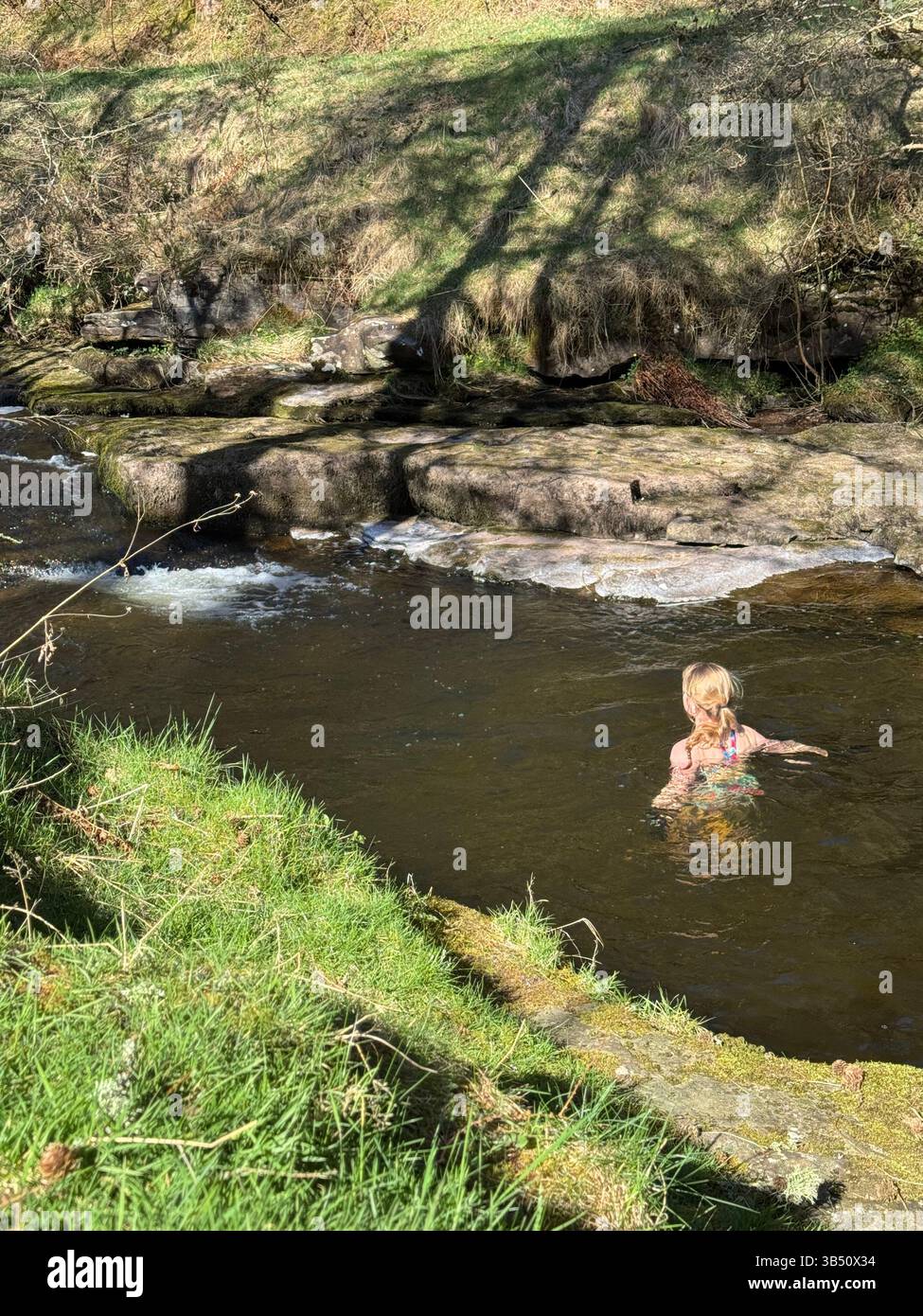 Junge Frau, die in einem kalten Bergbach schwimmt, Brecon Beacons (Bannau Brycheiniog), Wales, April - Smartphone-aufgenommenes Stockfoto