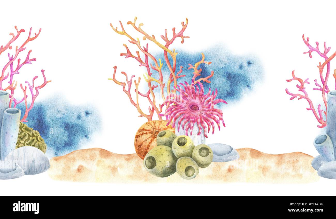 Aquarellfarben nahtloses horizontales Randmuster mit rosa Korallen, Meeresanemone, Schwämmen, Steinen und Sand. Perfekt für Sommerdesigns, Verpackungen und Textilien Stockfoto