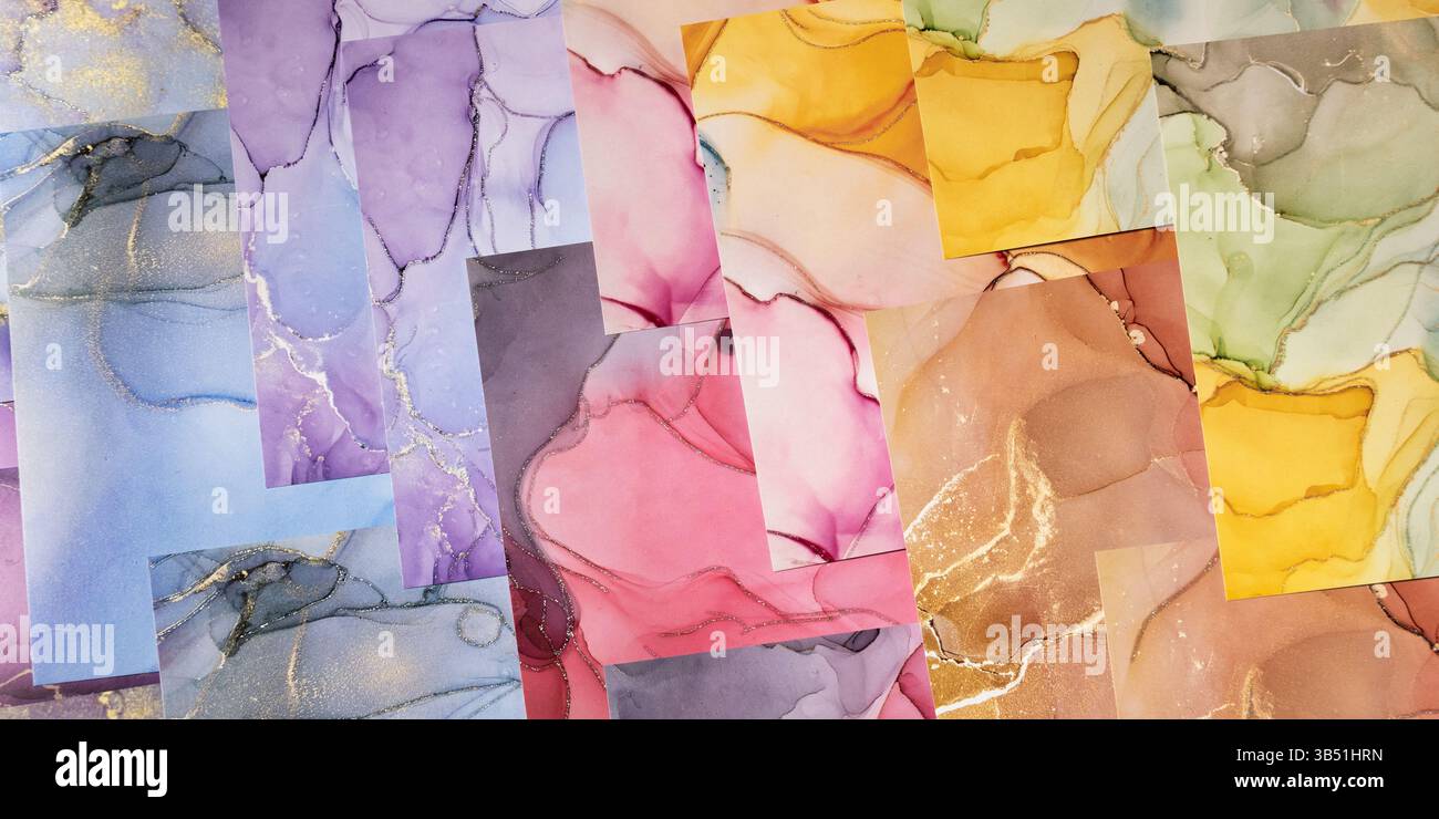 Marmorplatten Oberfläche in verschiedenen Farben mit Glitzereffekt. Moderner abstrakter Steinhintergrund. Stockfoto