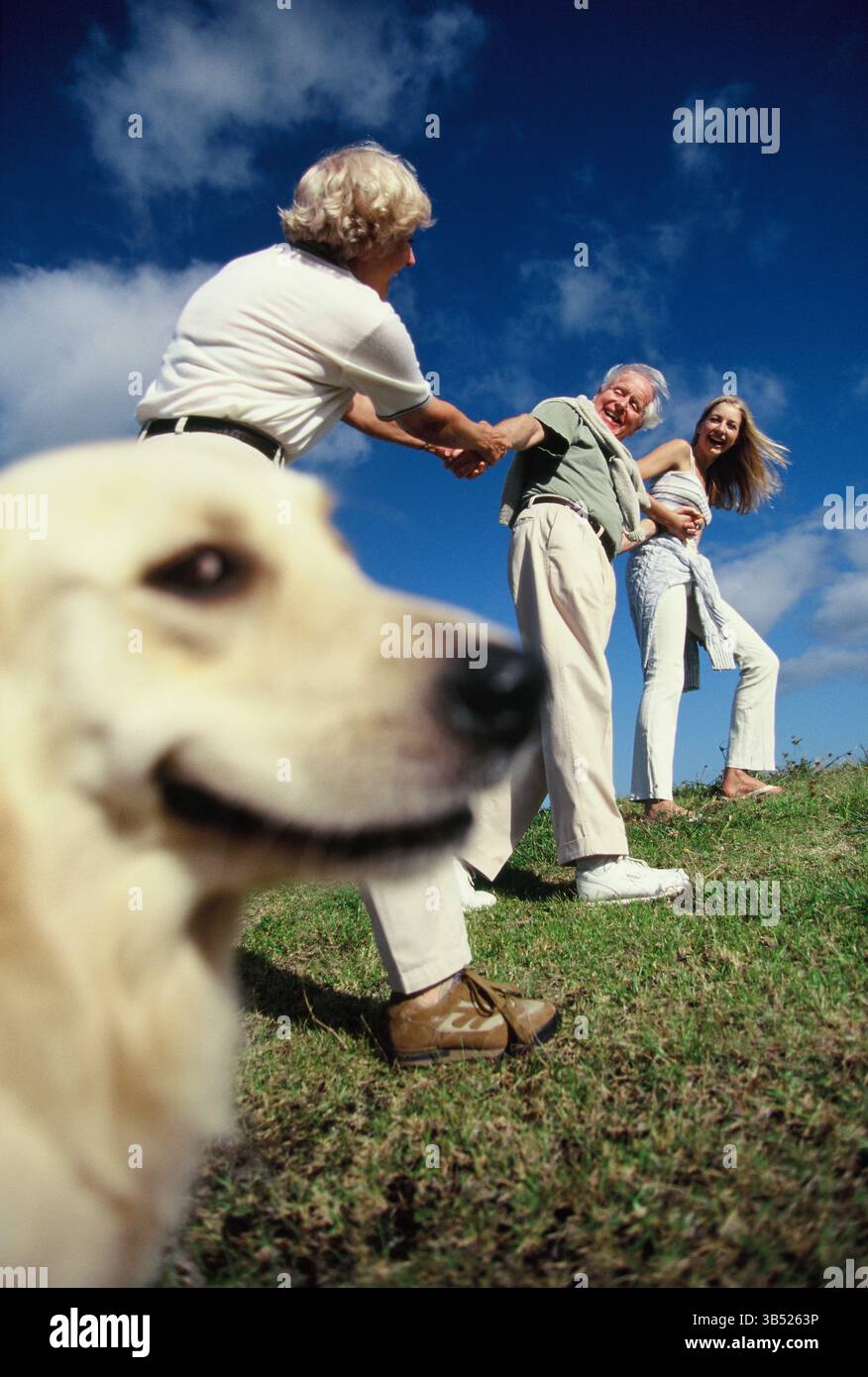 Seniorenpaar mit erwachsener Tochter und Hund im Freien klettern auf einen grasbewachsenen Hügel. Stockfoto