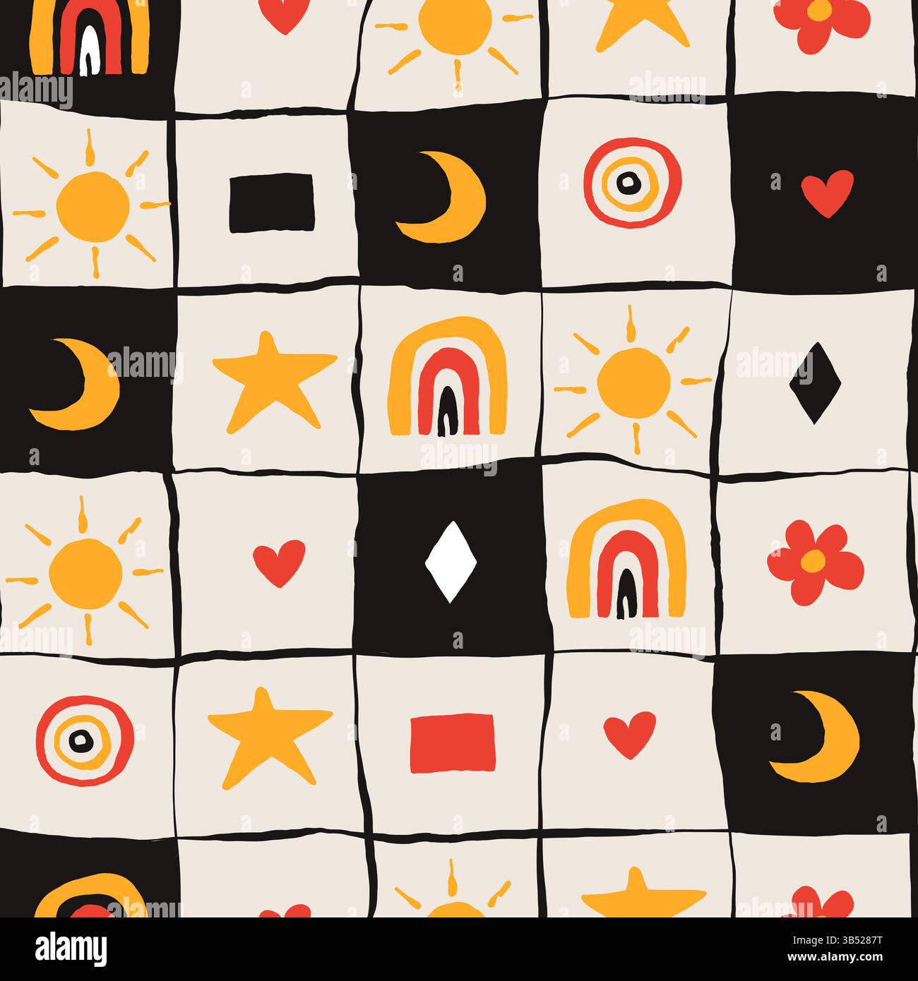 Buntes Blockmuster mit Sonne, Mond, Sternen und Regenbögen. Lustiges, verspieltes Design. Handgezeichnete Symbole. Skurriler Hintergrund für Kinder. Stock Vektor