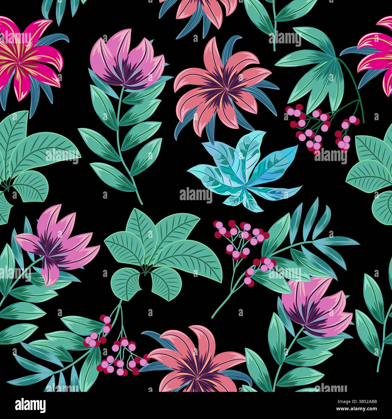 Nahtloses Muster mit roten Beeren und tropischen Palmenblättern. Botanik-Hintergrund, Dschungel-Tapete. Stock Vektor