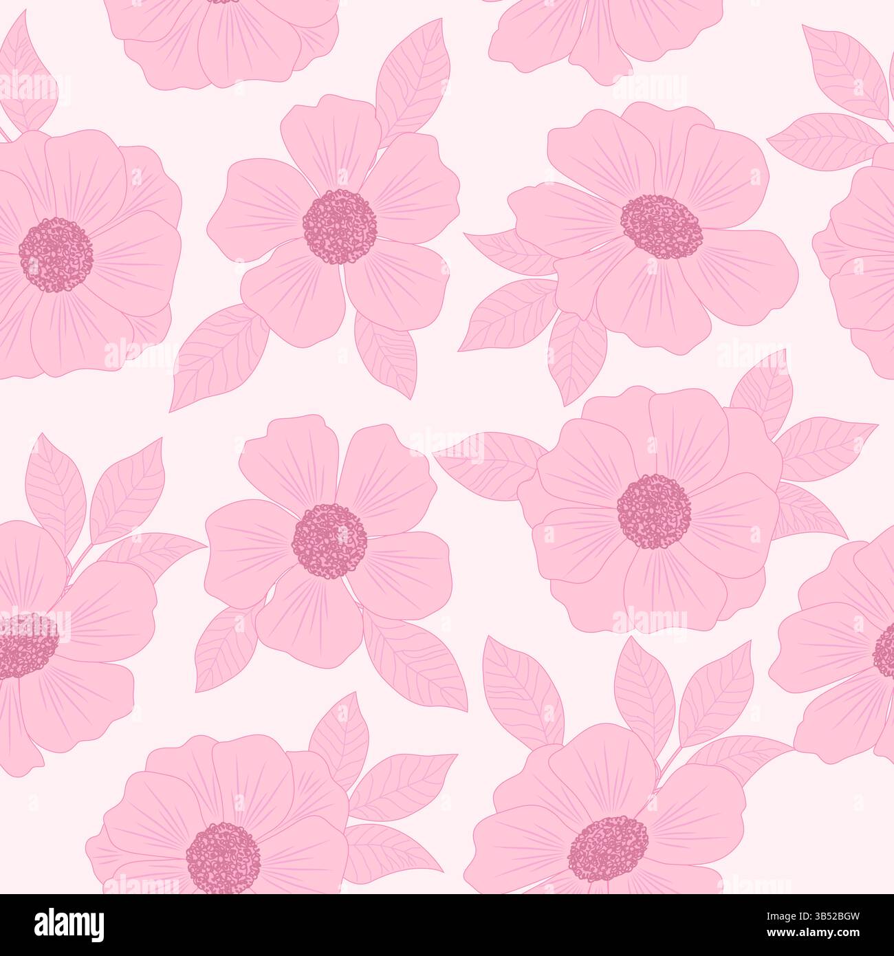Nahtloses Vektor-Muster mit rosa Blumen, heller Hintergrund. Botanische Kunstillustration für Tapeten, Wanddekoration, Stoff, Textil, Karten. Stock Vektor