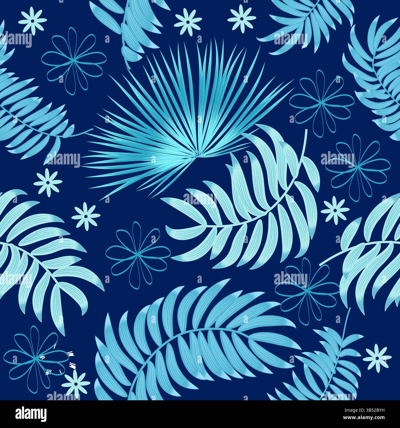 Nahtloses Muster mit dekorativen blauen Blättern und Blüten. Tropischer Vektor Hintergrund, Dschungel Tapete. Stock Vektor