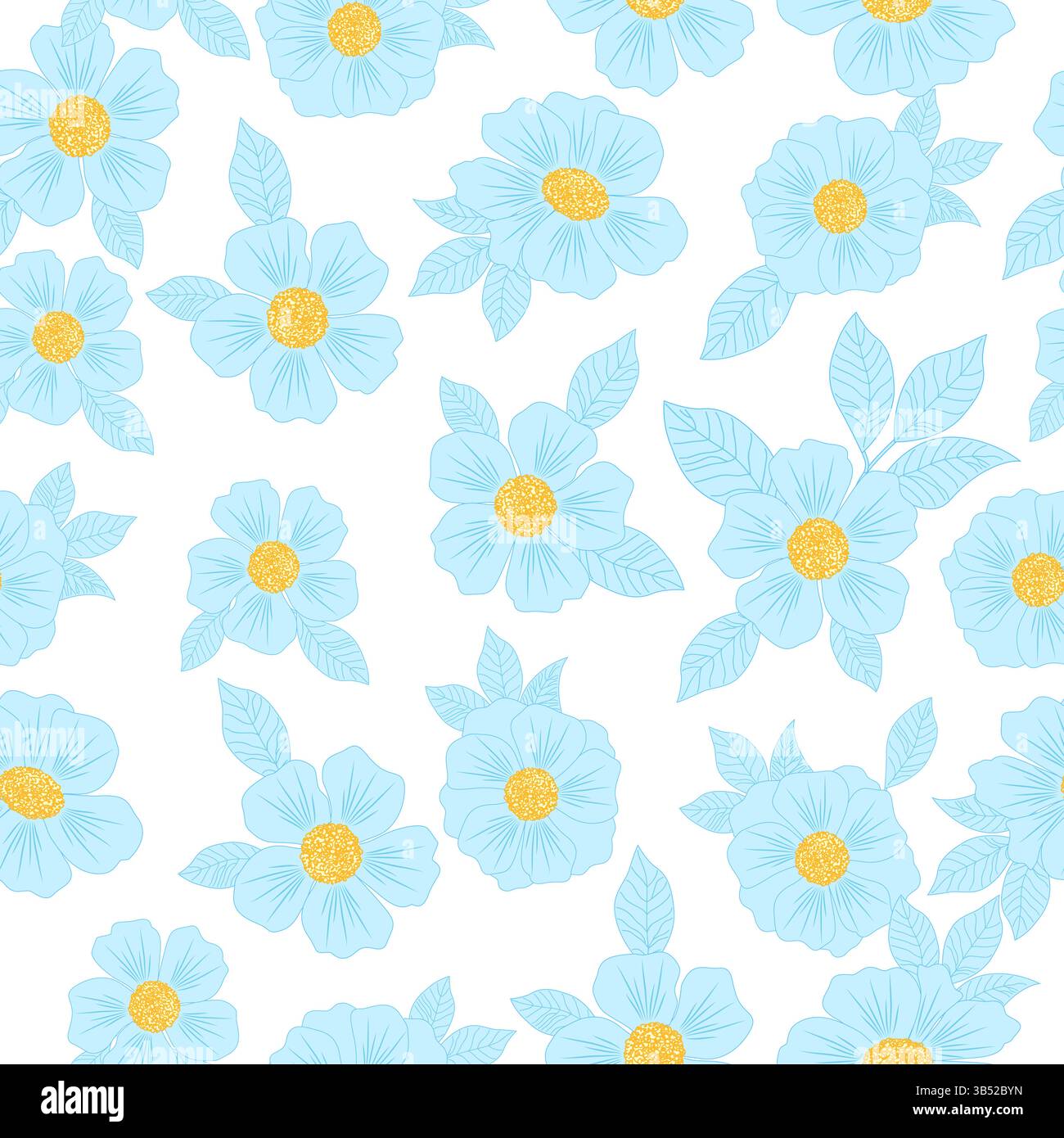 Nahtloses Vektor-Muster mit blauen Blumen, heller Hintergrund. Botanische Kunstillustration für Tapeten, Wanddekoration, Stoff, Textil, Karten. Stock Vektor