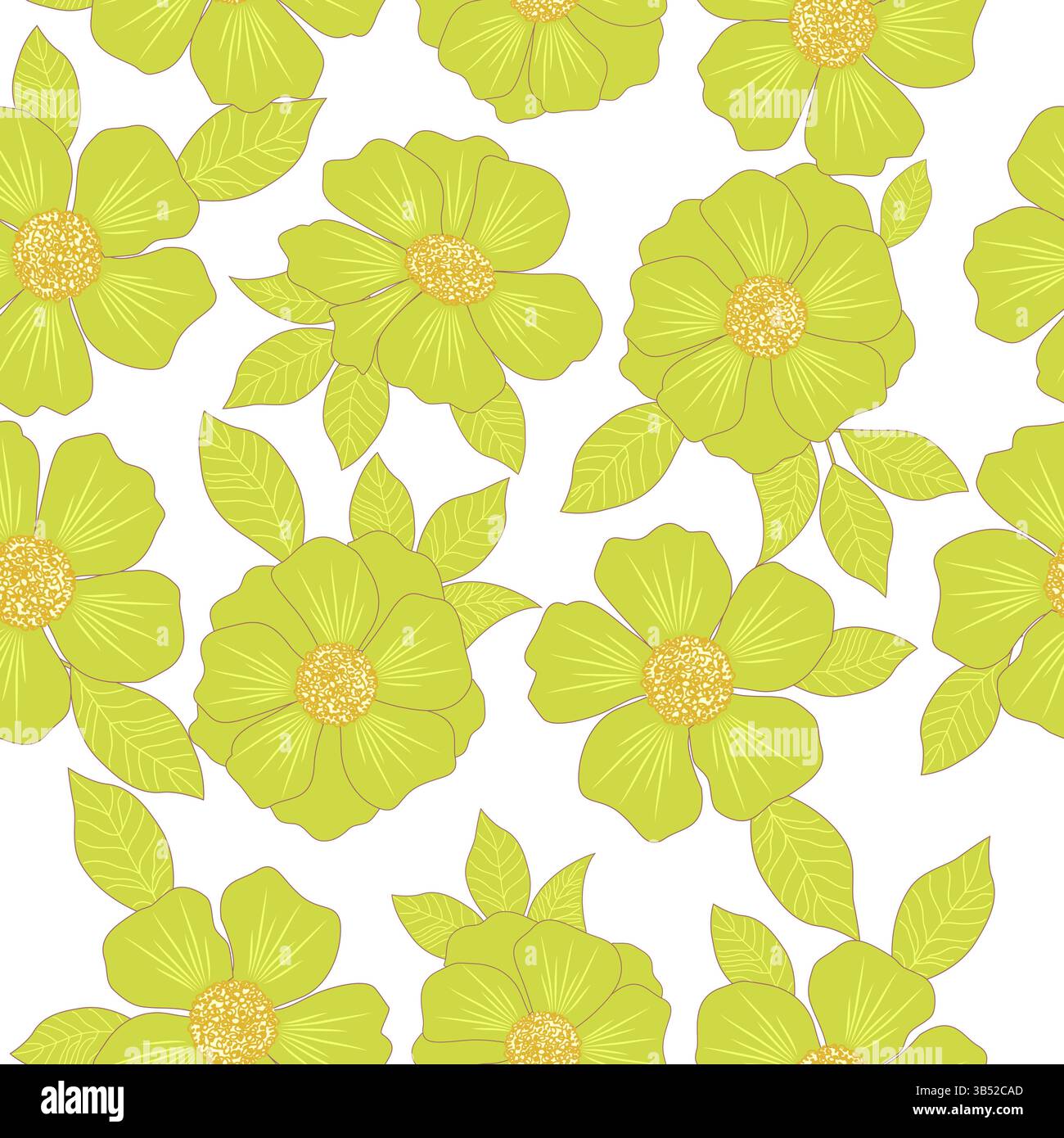 Nahtloses Vektor-Muster mit grünen Blumen, heller Hintergrund. Botanische Kunstillustration für Tapeten, Wanddekoration, Stoff, Textil, Karten. Stock Vektor