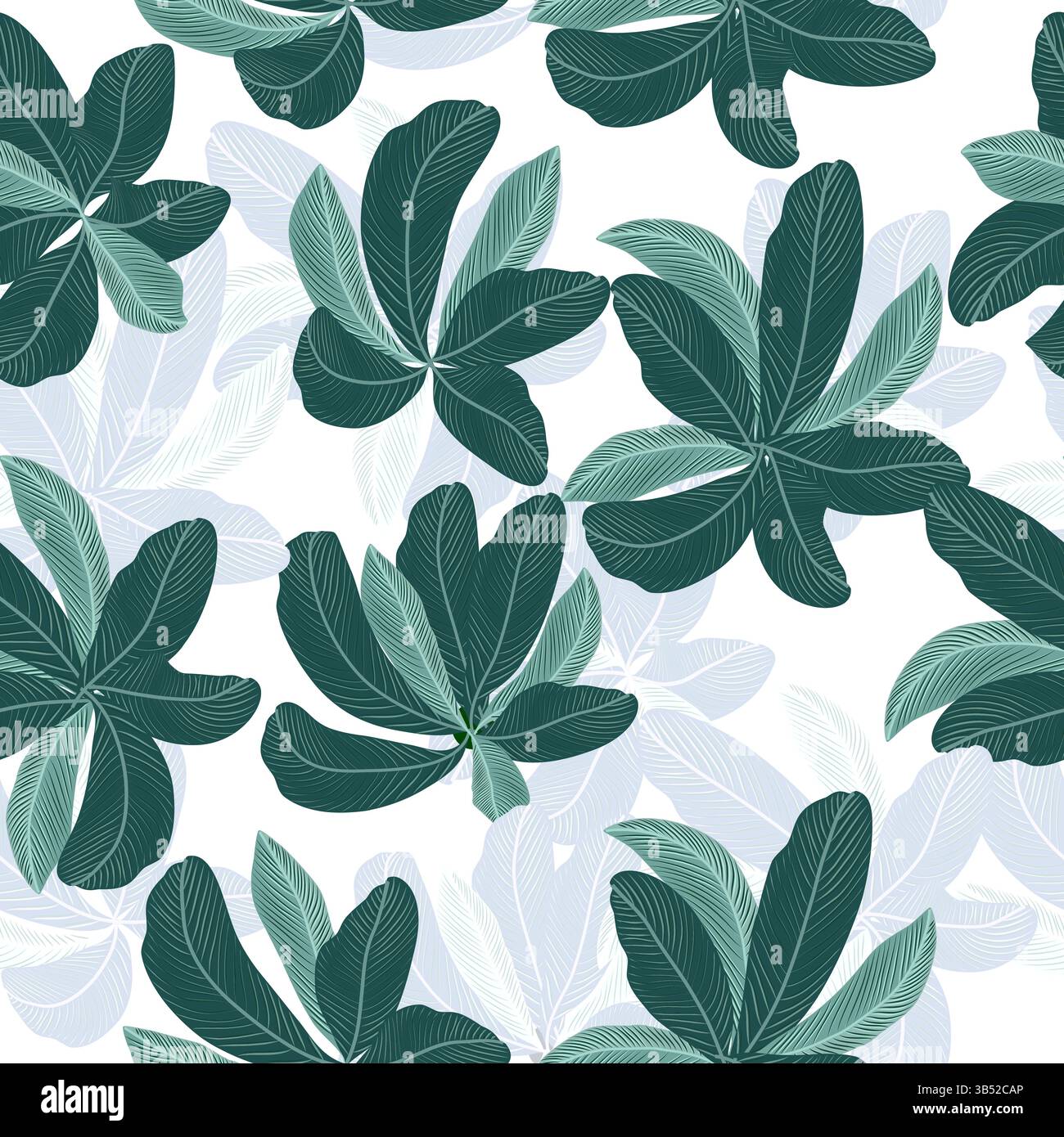 Nahtloses Vektor-Muster mit grünen Blättern, Dschungelhintergrund. Botanische Kunstillustration für Tapeten, Wanddekoration, Stoff, Textil, Karten. Stock Vektor