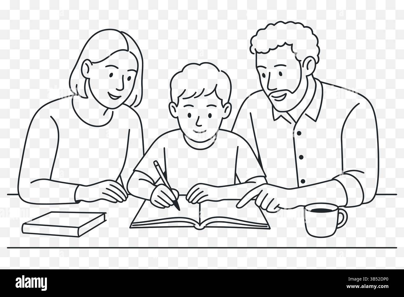 Strichgrafik-Illustration von unterstützenden Eltern, die Kindern bei Hausaufgaben am Tisch helfen – Familienszene Stock Vektor