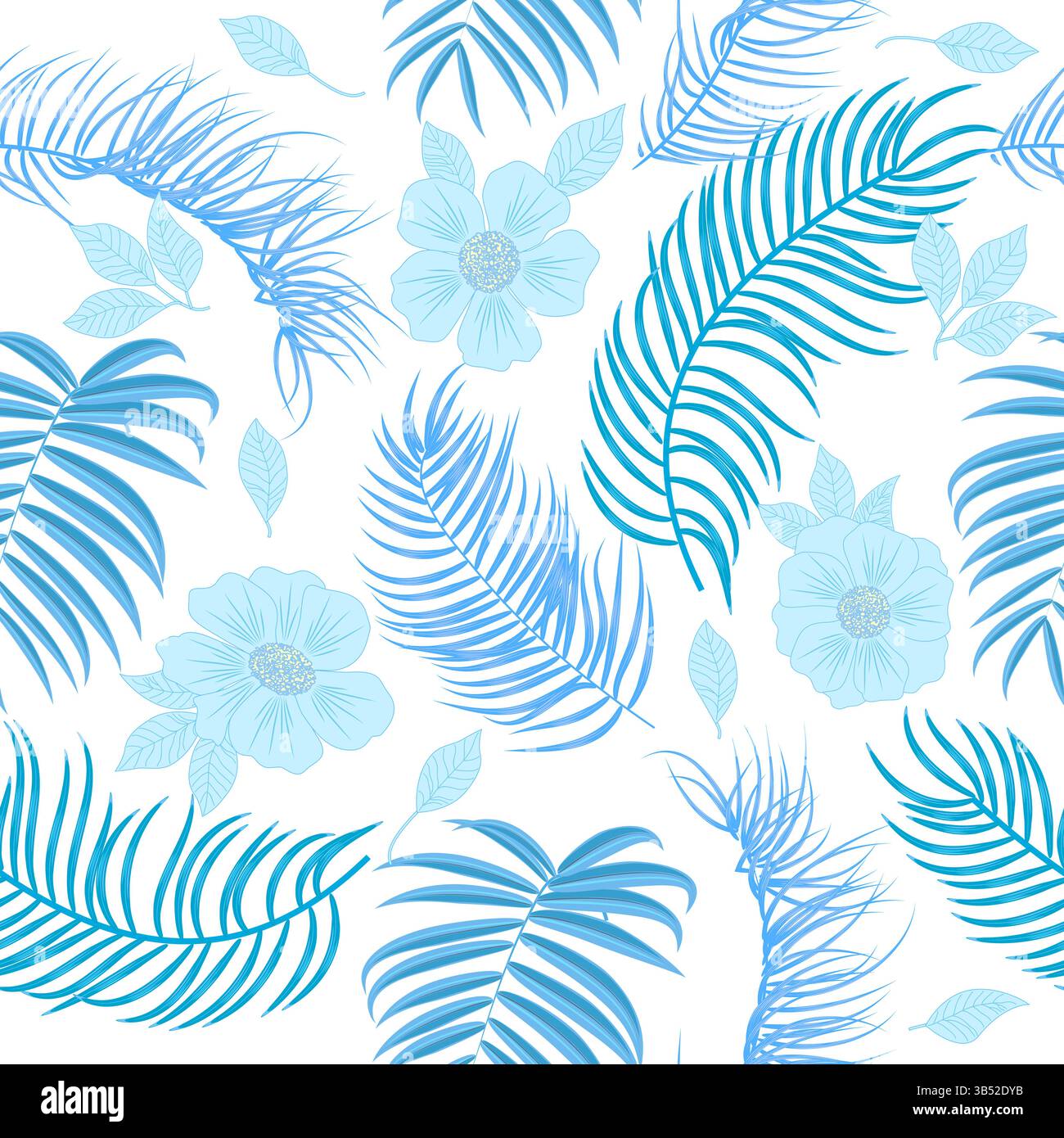 Nahtloses Vektormuster von blauen tropischen Blättern von Palme und Blumen. Botanik Hintergrund, Dschungeltapete. Stock Vektor