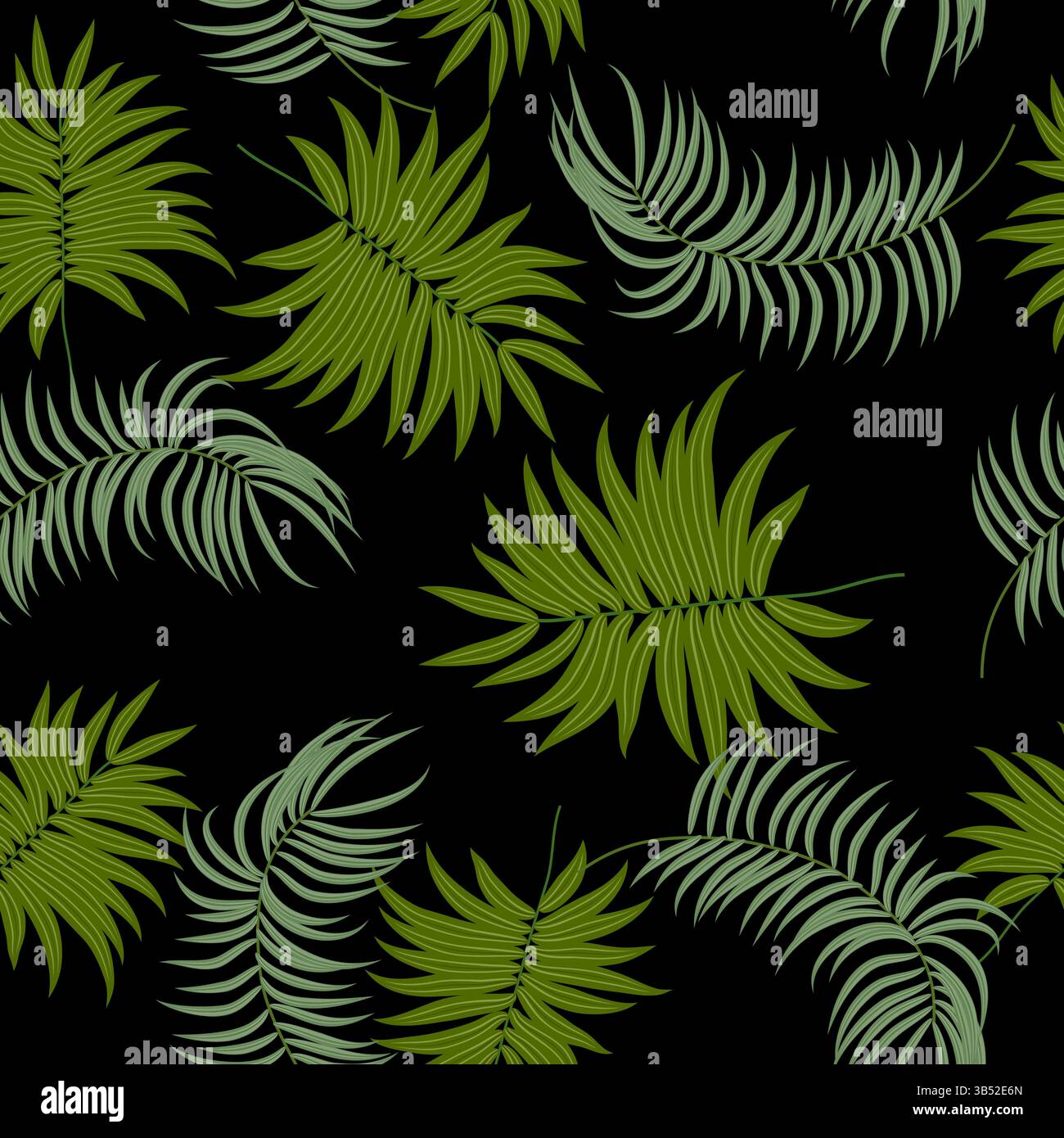 Nahtloses Vektor-Muster mit grünen Palmblättern, Dschungelhintergrund. Botanische Kunstillustration für Tapeten, Wanddekoration, Stoff, Textil, Karten. Stock Vektor