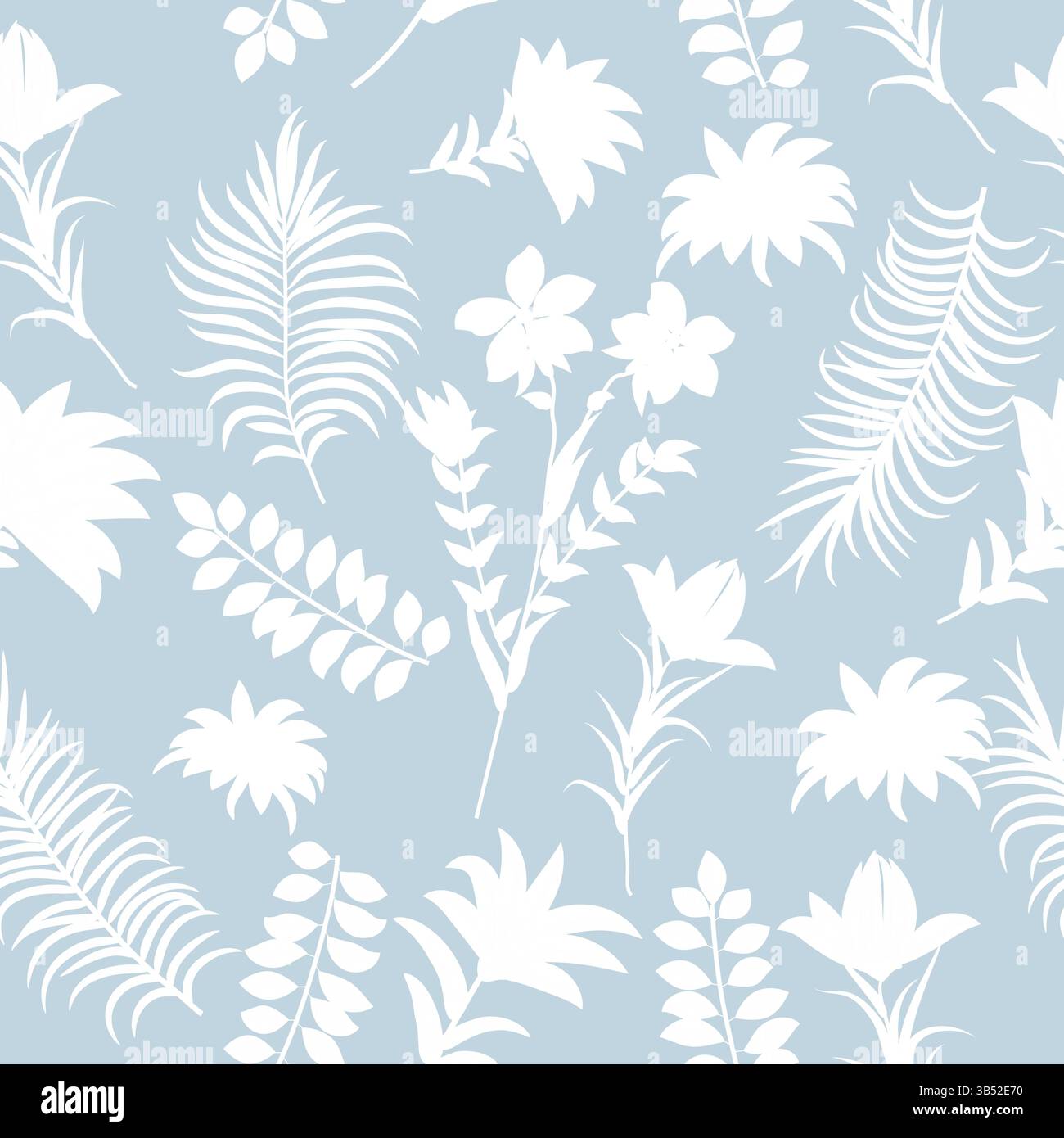 Nahtloses Vektor-Muster mit weißen Blättern und Blumen, grauer Hintergrund. Botanische Kunstillustration für Tapeten, Wanddekoration, Stoff, Textil, ca. Stock Vektor