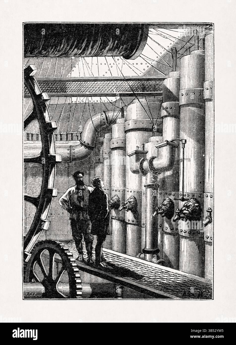 Illustration von Alphonse de Neuville, die Captain Nemo zeigt, wie der Maschinenraum des Nautilus zu Professor Aronnax aus dem Buch 'Twenty Thousan' zeigt Stockfoto