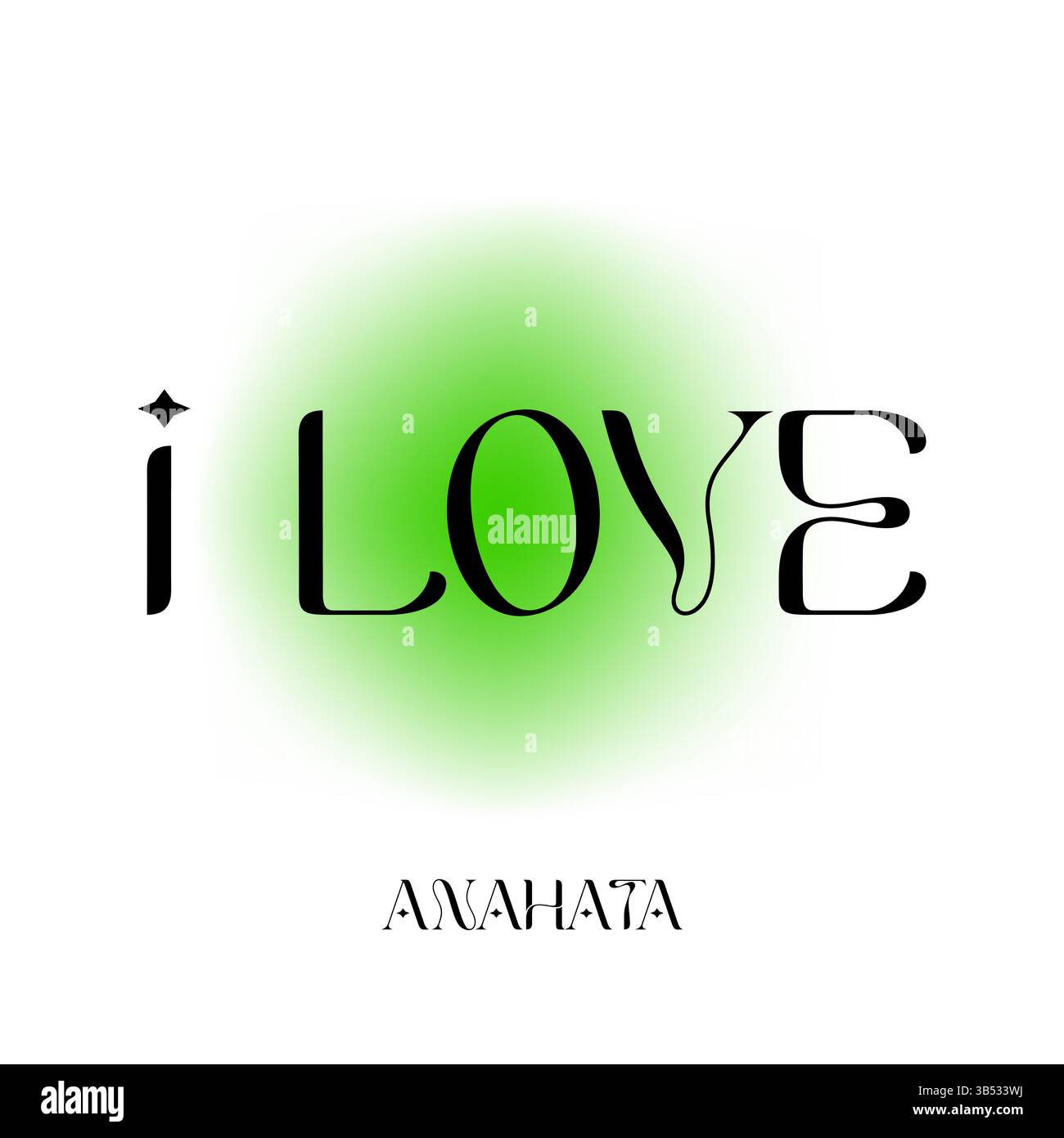 Anahata Herzchakra-Symbol mit grünem Leuchten und inspirierender Botschaft, die ich liebe, auf weißem Hintergrund Stock Vektor