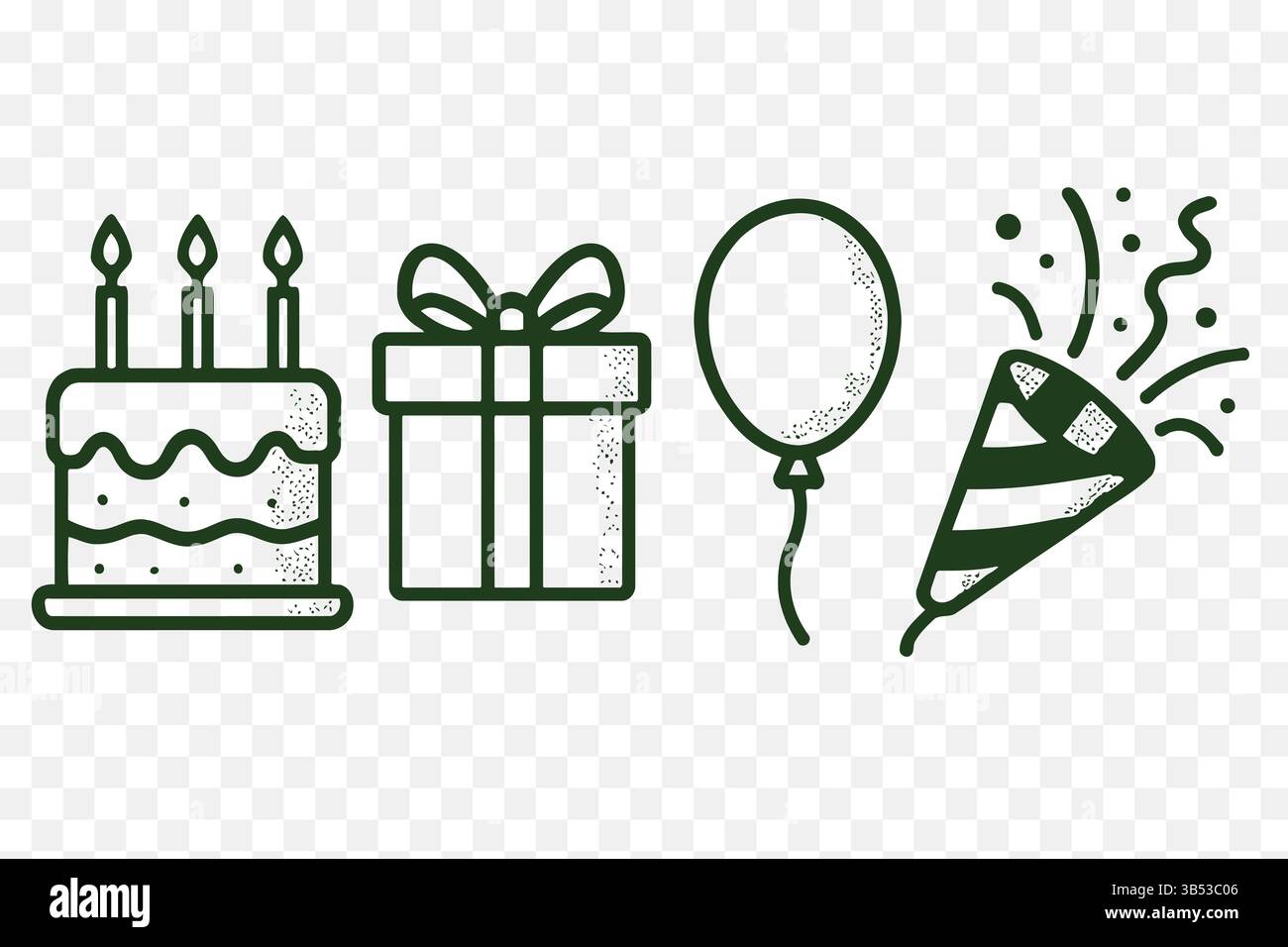 Geburtstagssymbole – Minimalistische Feierlichkeiten Kuchen, Ballons, Geschenke, Partyhut, Kerzen – Vektorlinie Kunstset Stock Vektor
