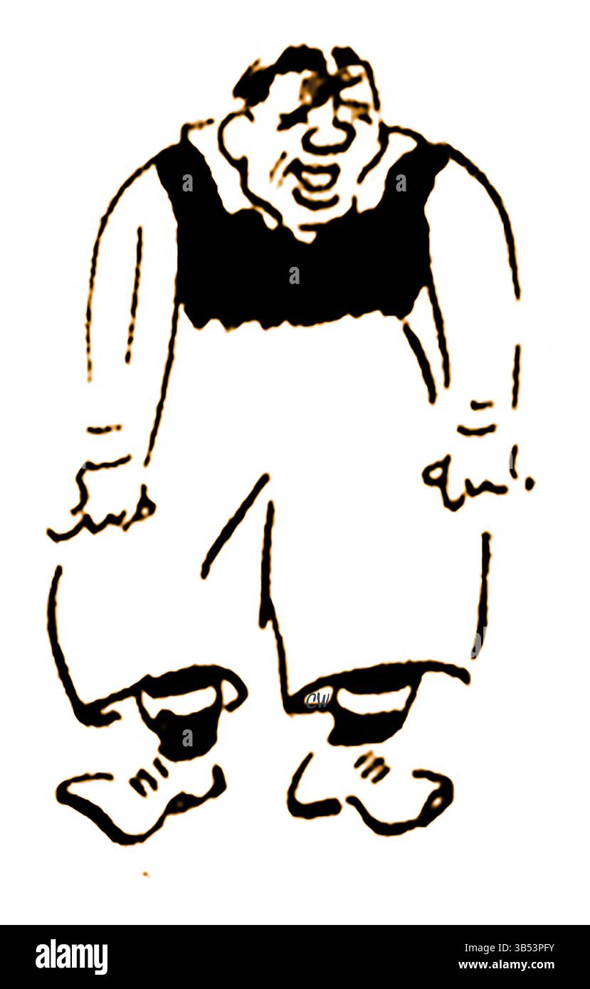 Eine britische Karikatur aus den 1950er Jahren von Tom Webster, dem schottischen Fußballspieler Alex James. Alexander Wilson James (1901–1953). Wegen des Rheuma trug er lange Shorts, um seine langen Unterhosen zu verbergen, die zu seinem eigenen Markenlook wurden. Stockfoto