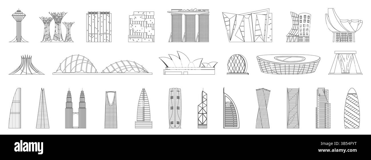 Ein detailreiches Kunstwerk mit modernen architektonischen Wahrzeichen, darunter Wolkenkratzer, Türme, Museen, Stadien, und futuristische Gebäude. Feiert globales zeitgenössisches Design, Vektorillustration Stock Vektor