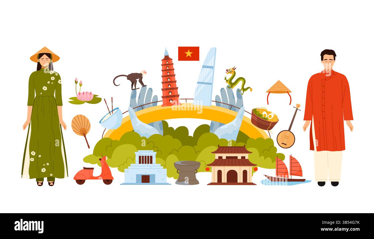 Reisen Sie nach Vietnam, Vietnamesen in Nationalkleidung und Hut, Speisen und Kultur in Infografik-Collage-Banner. Goldene Brücke, Mausoleum und Tempel für Touristen Karikaturvektor Illustration Stock Vektor