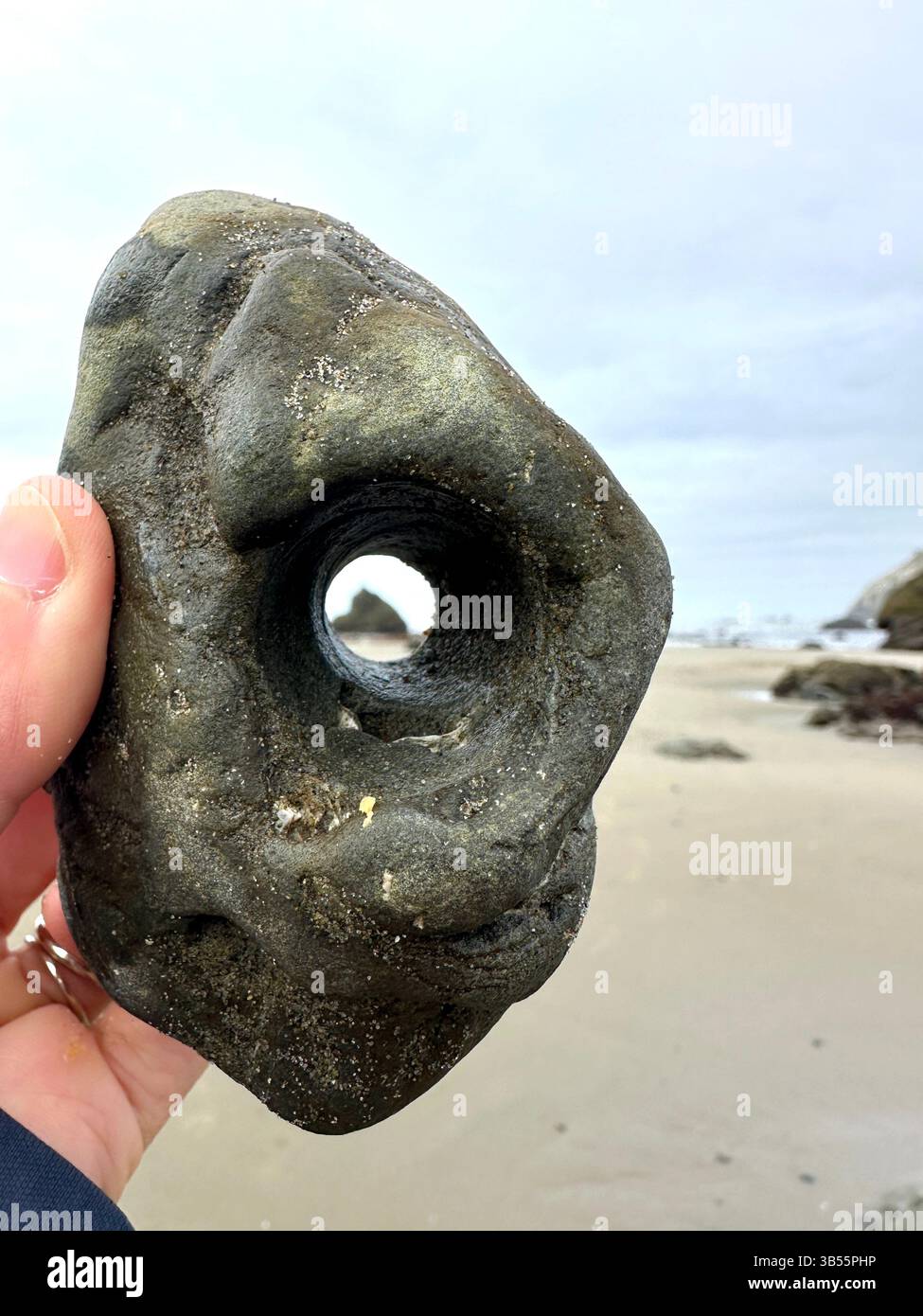 Ein Steinchen - Felsen mit einem natürlichen Loch - am Face Rock Beach in Bandon, Oregon. Stockfoto