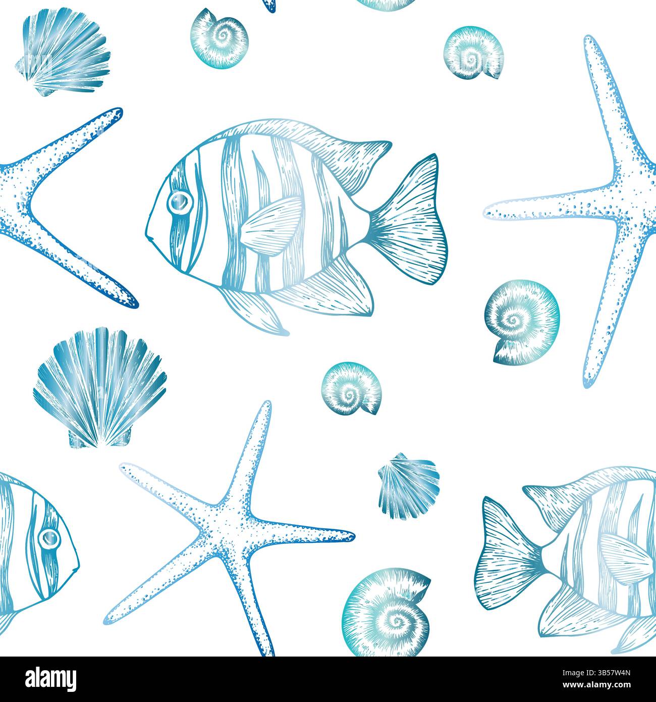 Nahtloses Muster mit Fischen, Perlen, Sternen, wunderschönen Muscheln... Handgemalte Linie, grafische Clipart isoliert auf Hintergrund. Unterwasser-Illustration. Für Stock Vektor