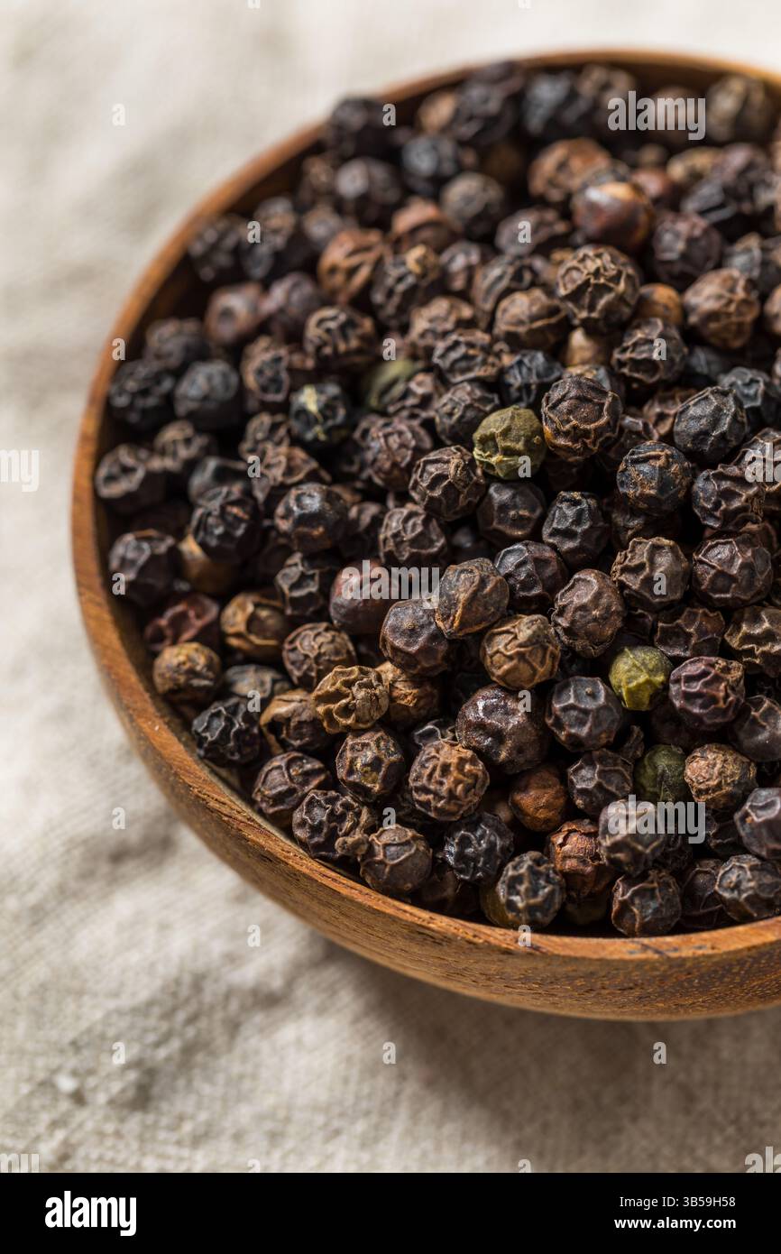 Organische trockene, rohe schwarze Pfefferkörner für eine Mahlmaschine Stockfoto