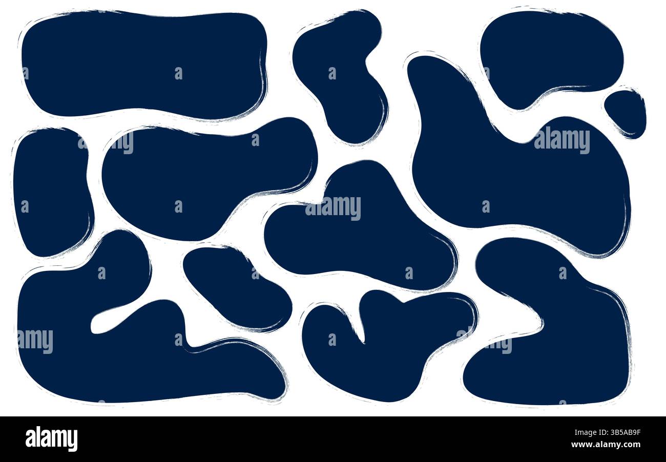 Blaue Kohleformen und Pinselstriche. Grunge organische Flecken, unregelmäßige Flecken und abstrakte Flecken auf weißem Hintergrund. Einfache Vektordarstellung Stock Vektor