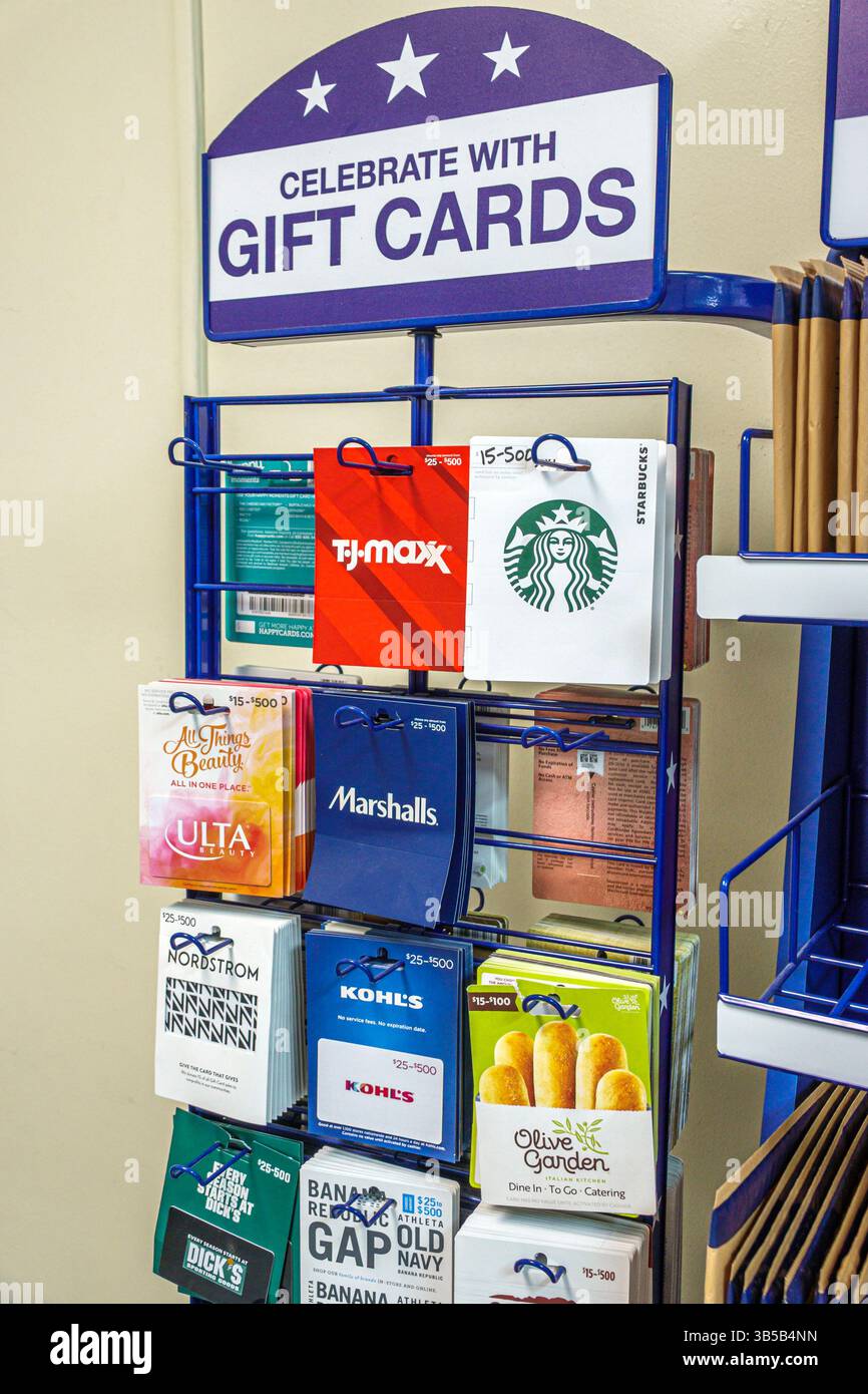 Miami Beach Florida, US Post Office 71st Street, innen, Geschenkkartenständer, Einzelhandel Geschenkgutschein Regal, Starbucks Olive Garden TJ Maxx Ko Stockfoto