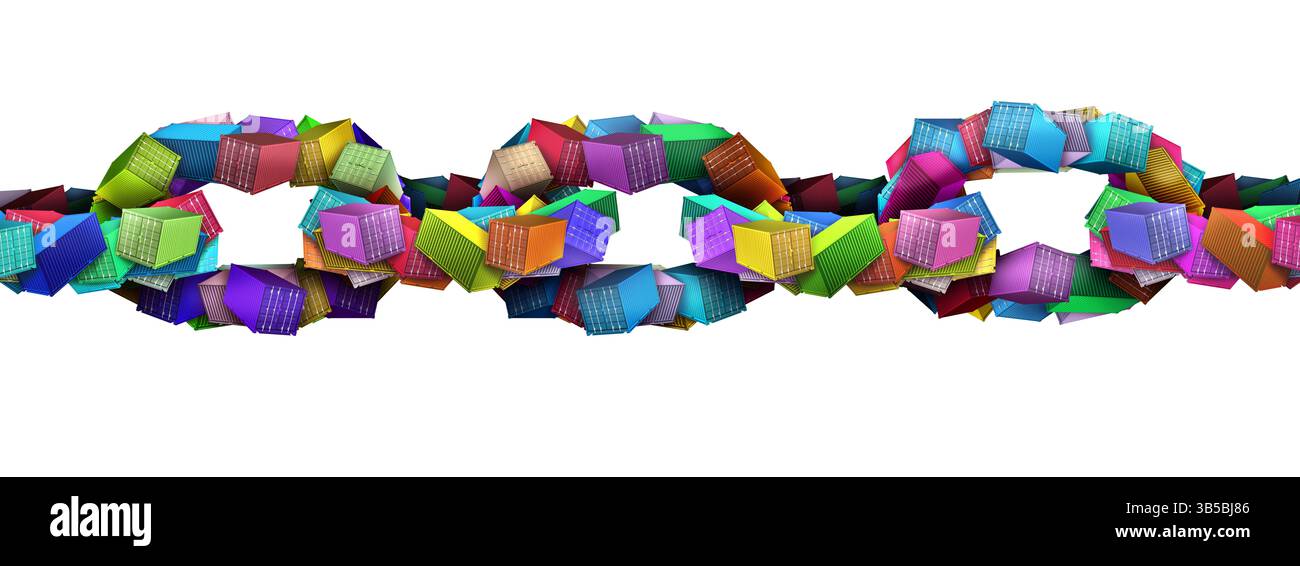 Supply Chain Symbol und Versand Frachtverteilung Herausforderung als Schiffsfrachtcontainer oder Verteilung von Importen und Exporten mit Containerboxen als Stockfoto