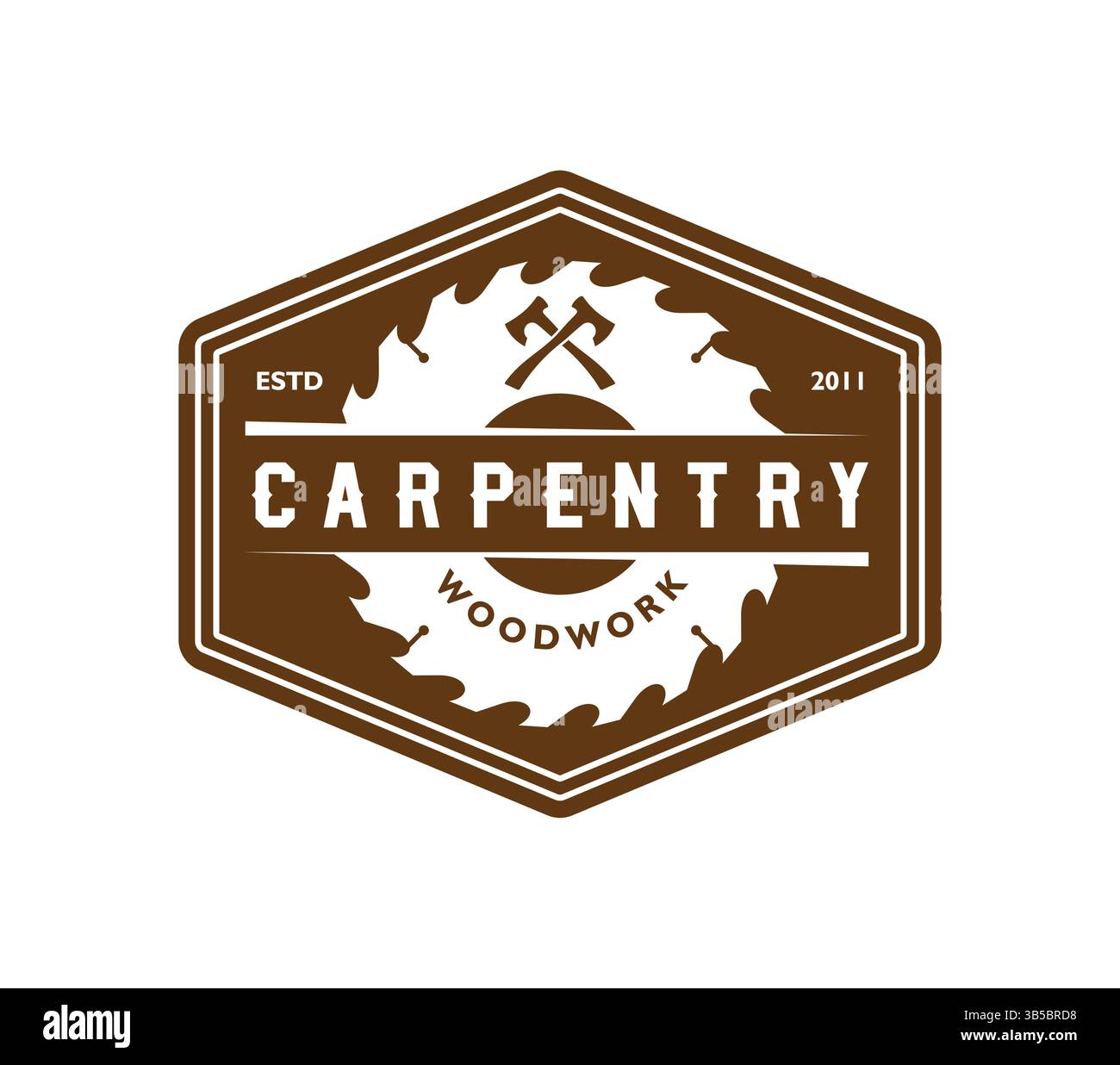 Tischlerei und Holzarbeiten Emblem mit Sägeblatt und Äxten für Tischlerei Werkstatt, Vektorsymbol. Zimmermannservice und Holzwerkstatt oder Holzwerkstoffe Stock Vektor
