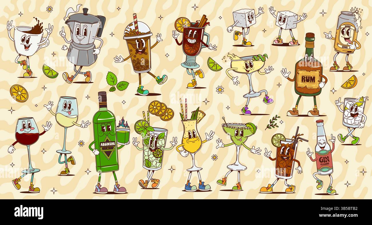 Cartoon Retro groovige Alkoholgetränke und Cocktails Charaktere. Vektorfiguren von lustigen Hippie Espresso und Bubble Teetassen, Bierdose, Gin Tonic. Stock Vektor