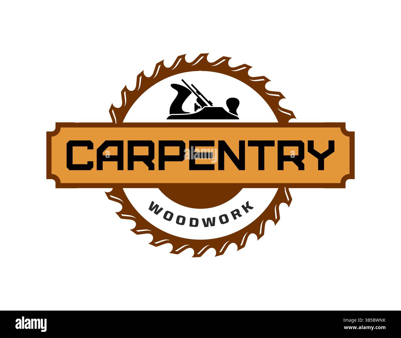 Zimmerei und Holzarbeiten Emblem Sägeblatt mit Verbindungsebene, Vektor-Symbol. Tischlerei und Handwerkerwerkstatt, Holzarbeiten oder Heimwerkerwerkstätten Stock Vektor