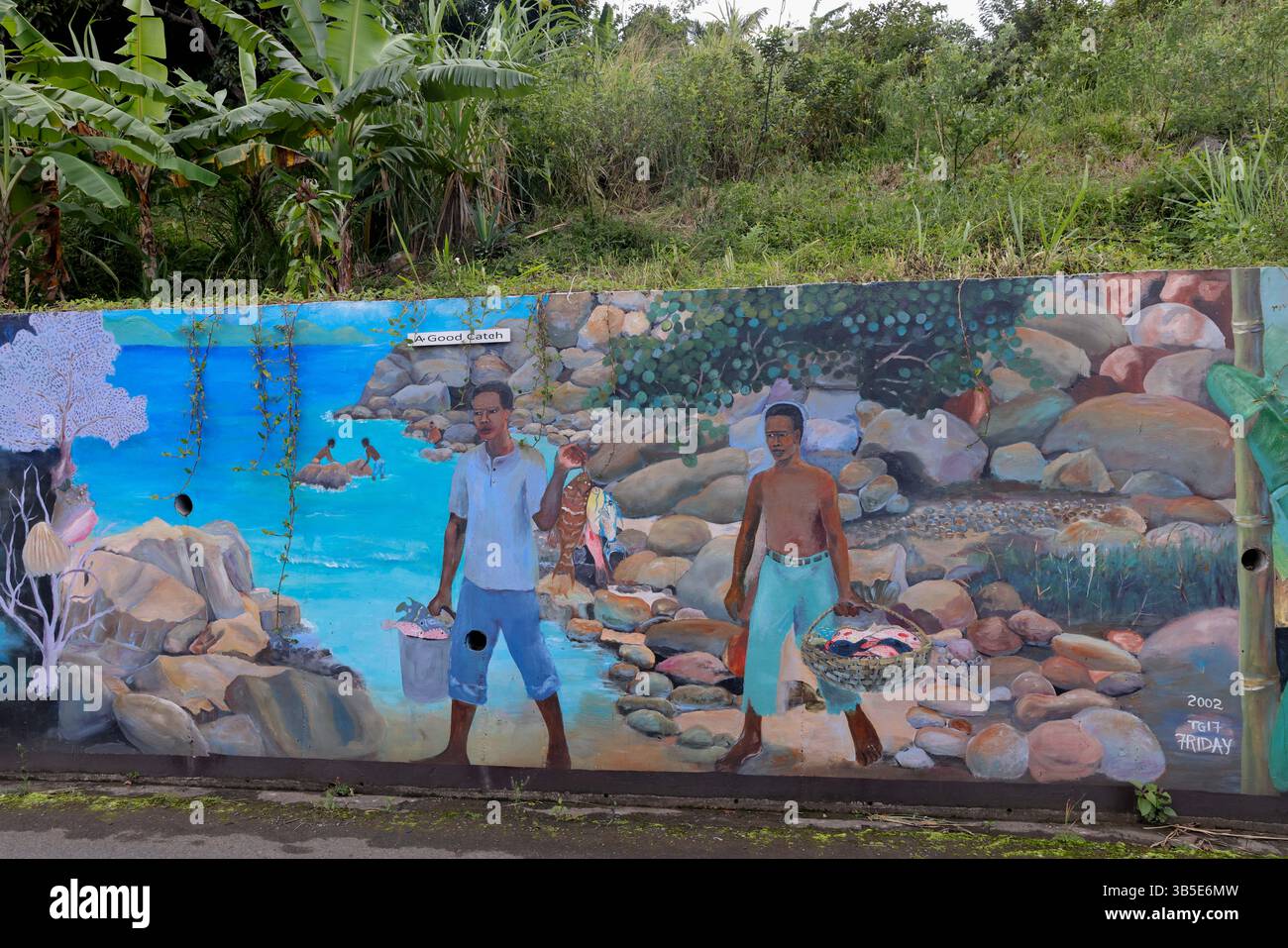 9. März 2022, Tortola, Tortola: A Good CatchÃ by Pearl Friday at Fahie Wall oder The Ridge Road Murals in Tortola, ein Archiv kultureller Bilder auf einer Stützmauer. Gemalt 2002 ist die Wand eine Serie von 23 Tafeln, von denen jede eine Lebensreise in den Hügelgemeinden darstellt, bevor Straßen und Elektrizität eingeführt wurden. Die Werke wurden bei den Hurrikanen 2017 stark beschädigt und von den ursprünglichen Künstlern und der Gemeinschaft restauriert. (Kreditbild: © Christopher Drost/SHIFT digital via ZUMA Press Wire) Stockfoto