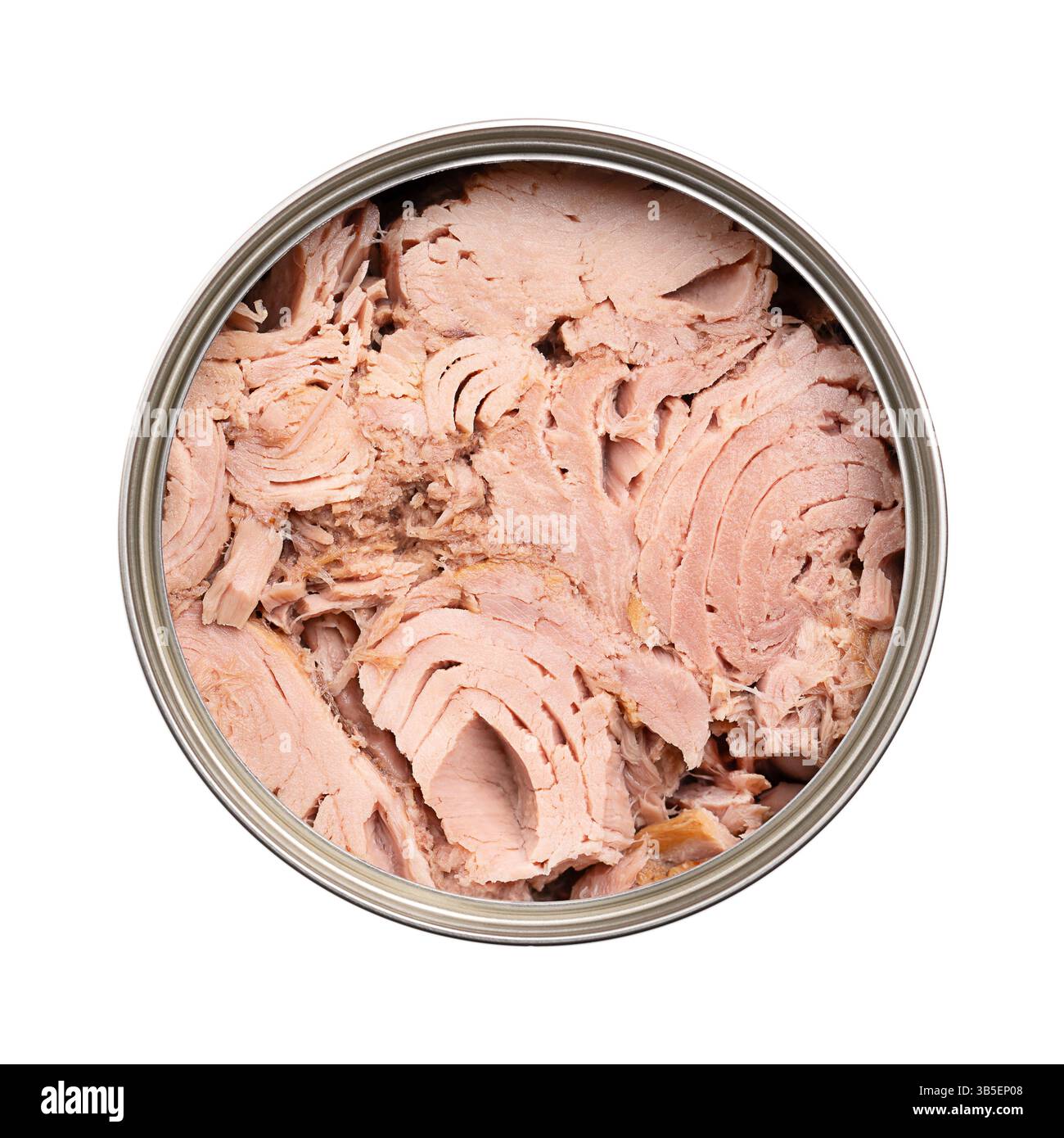 Thunfischkonserven, Thunfischfische im eigenen Saft in einer offenen Dose, von oben. Filets von Bonito, Katsuwonus pelamis, in Flüssigkeit haltbar gemacht. Stockfoto