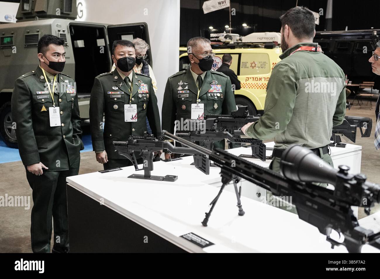 22. März 2022, Tel Aviv, Israel: Israelâ Internationale Sicherheits- und Verteidigungs-Ausstellung eröffnet auf der EXPO Tel Aviv und beleuchtet Ausrüstung und Technologien für Verteidigung, Landsicherheit, Megaereignisschutz, Cybersicherheit, Nachrichtendienste und Terrorismusbekämpfung. Das ISDEF beherbergt über 300 ausstellende Unternehmen und wird von 10.000 Besuchern und 50 Delegationen besucht, darunter Erstbesucher aus den Golfstaaten und Marokko. Die Ausstellung wird von Ländern verstärkt, die sich darauf vorbereiten, die Verteidigungsbudgets nach dem Krieg in der Ukraine und vielleicht einer neuen Weltordnung zu erhöhen. (Bild: © Nir Alon/ZUMA Pre Stockfoto