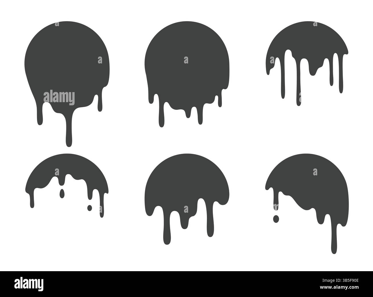 Symbol des geschmolzenen Kreises mit Tropfensammlung – schwarze, flüssige Farbtropfen fließen durch runde Formen und schmelzen Silhouetten mit verschiedenen Tropfmustern. Kreisförmige Designs Grunge-Kompositionen. Stock Vektor
