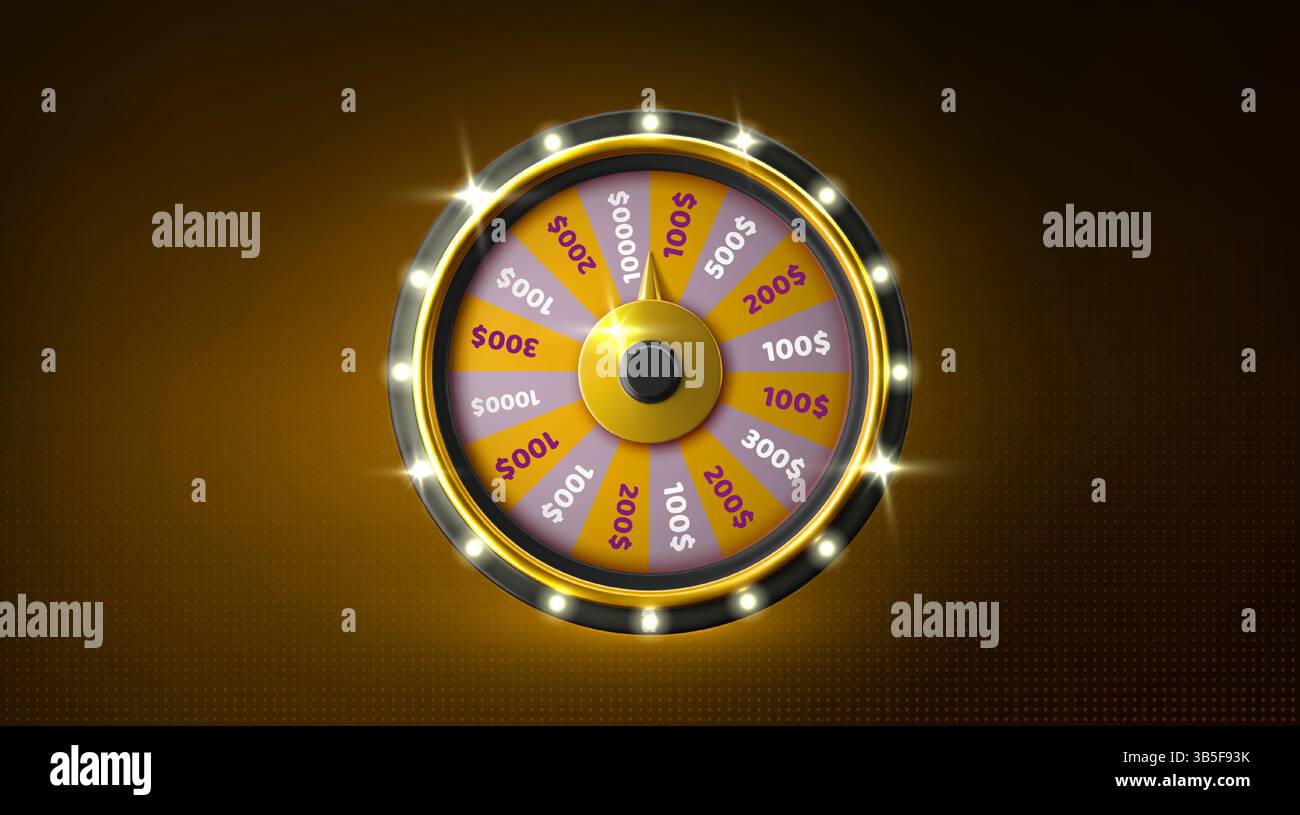Casino-Glücksrad dreht sich, Glücksspielgerät – rotierender Kreis, der in farbenfrohe Abschnitte unterteilt ist, die mit Preiswerten gekennzeichnet sind. Realistischer, glänzender Metallrahmen, Gewinnspiel-Glücksspiel. Stock Vektor