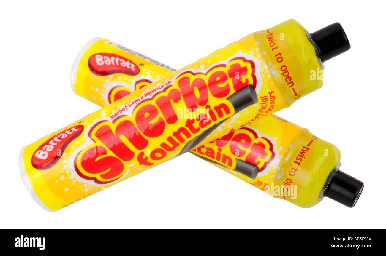 Barratt-Sherbet-Springbrunnen-Dip mit Lakritze-Tauchstab in 25-g-Röhrchen Stockfoto