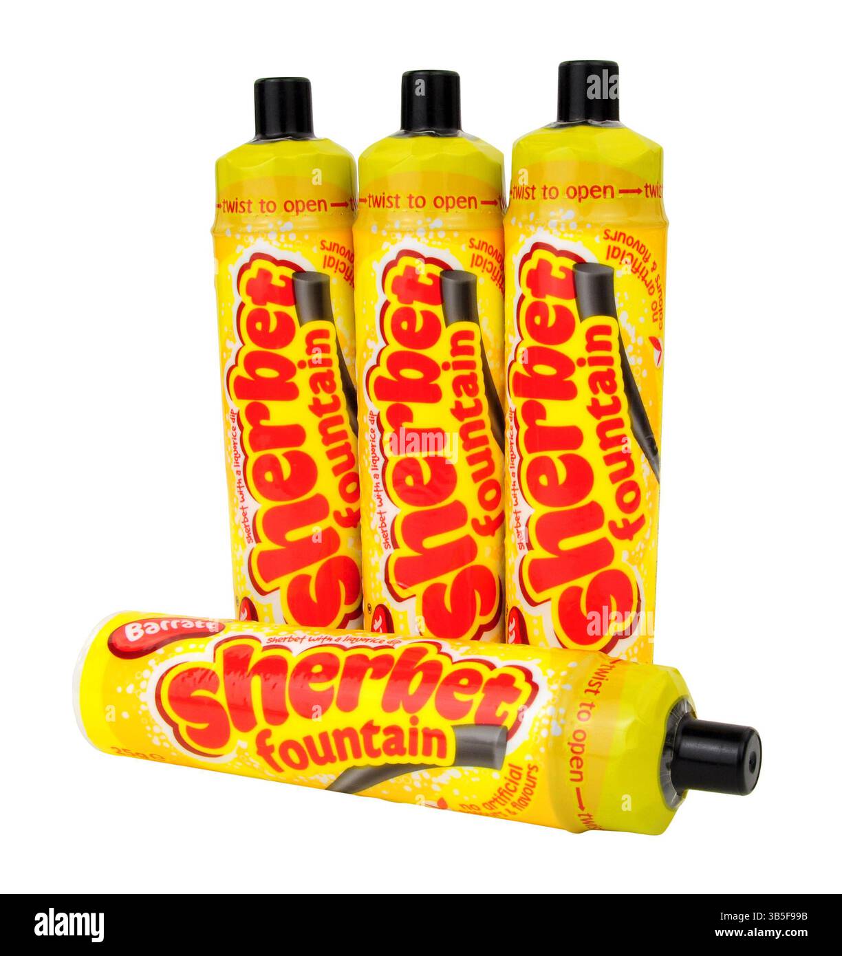 Barratt-Sherbet-Springbrunnen-Dip mit Lakritze-Tauchstab in 25-g-Röhrchen Stockfoto
