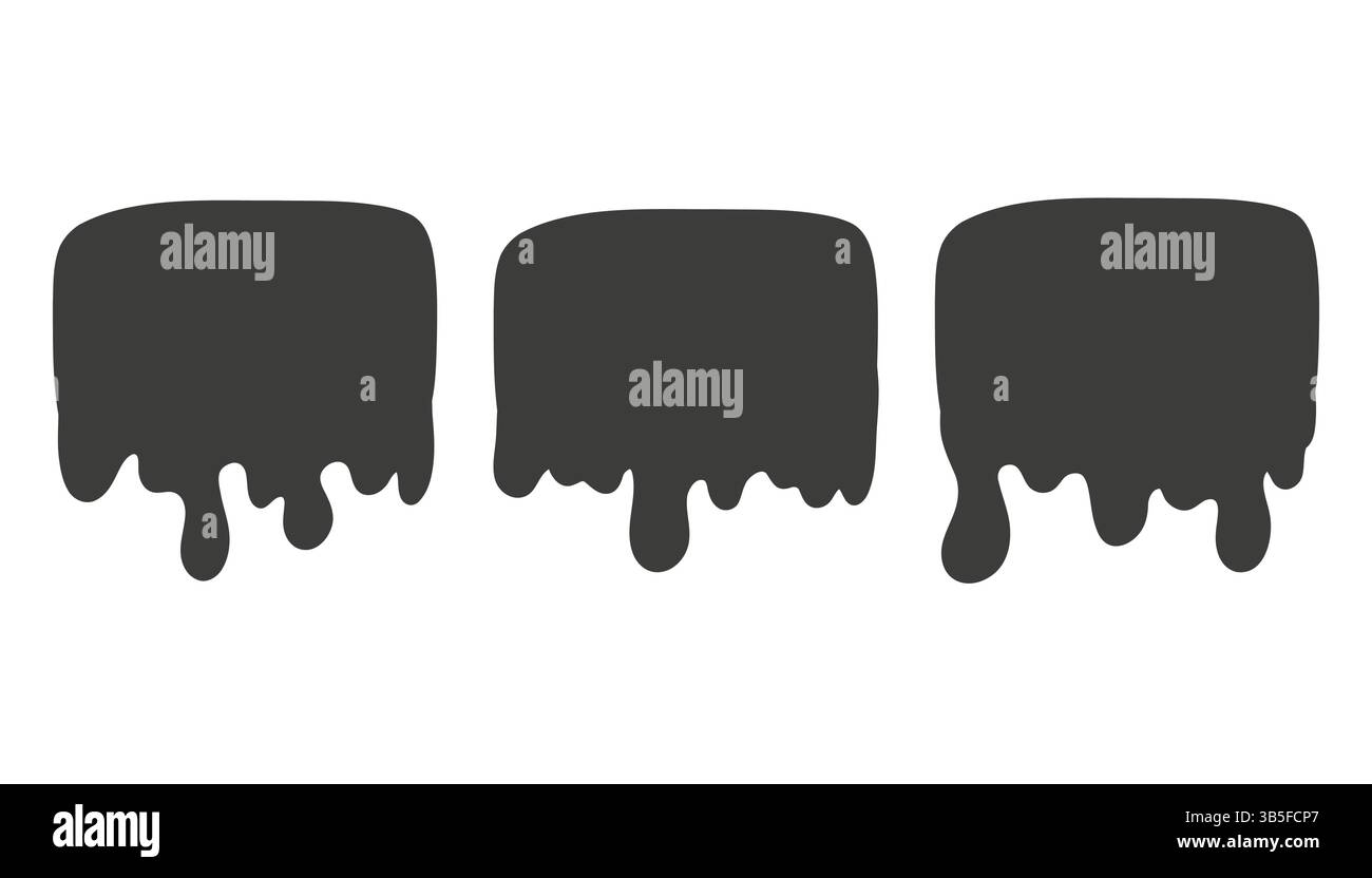 Schwarze, abgerundete rechteckige Banner mit Flüssigfließeffekt. Verschüttete Tropfen, Spritzer und Tropfen, die Tinte, Farbe oder Sirup ähneln. Vektorabbildung Stock Vektor
