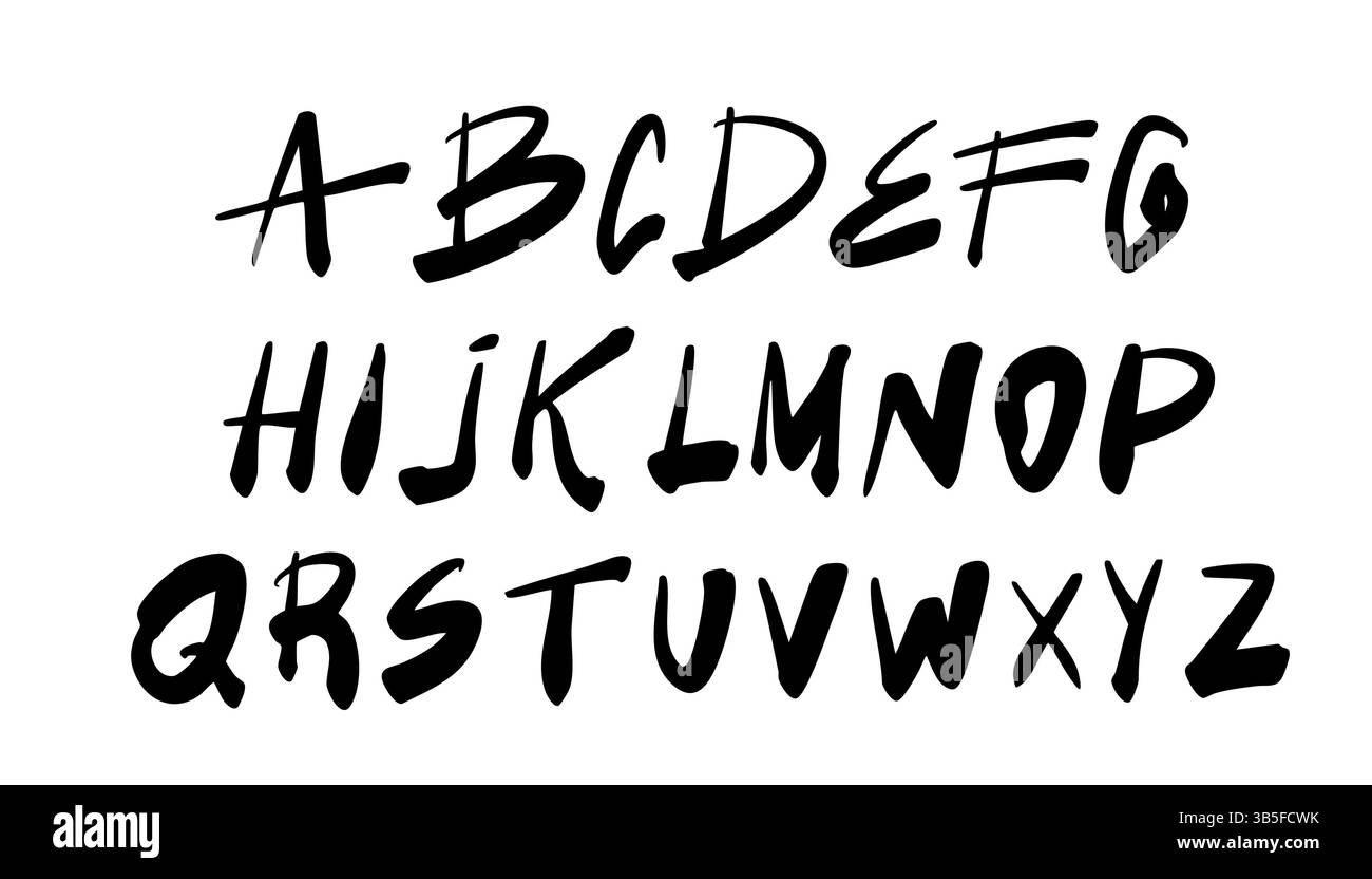 Grunge Großbuchstaben mit trockener Pinselstrichstruktur. Auffällige, handgezeichnete Großbuchstaben im Graffiti-Stil. Raue, schmutzige Kanten und verstörte Kanten Stock Vektor