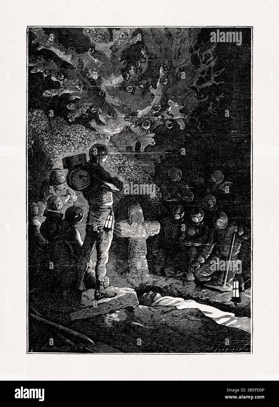 Illustration von Alphonse de Neuville mit einer Unterwasserbeerdigung aus dem Buch „Twenty Thousand Leagues Under the Seas“ von Jules Verne. Stockfoto