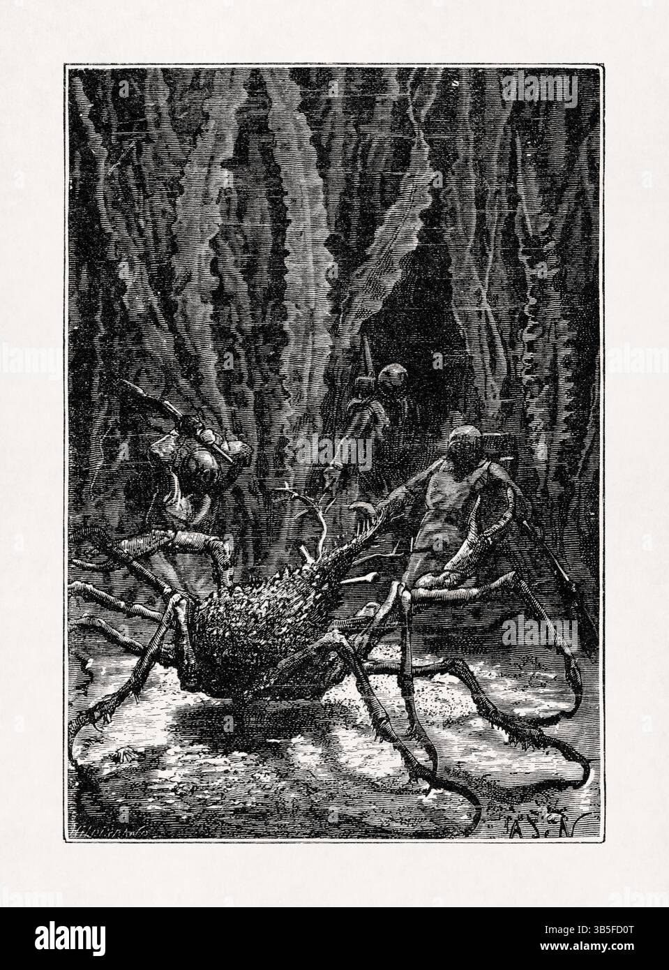 Illustration von Alphonse de Neuville, die Ned Land, Professor Aronnax und Captain Nemo im Kampf gegen eine Riesenkrabbe aus dem Buch „Twenty Thousa“ darstellt Stockfoto
