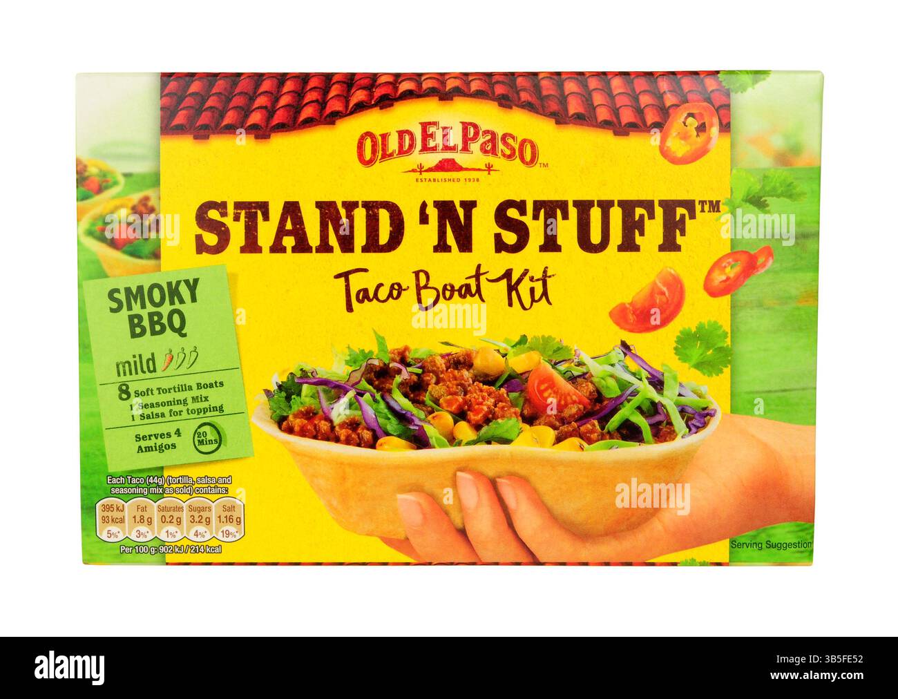 Old El Paso Stand und Stuff Taco Boot Kit rauchige BBQ Geschmack in einer 350 g Box mit acht weichen Mehltortillas Stockfoto