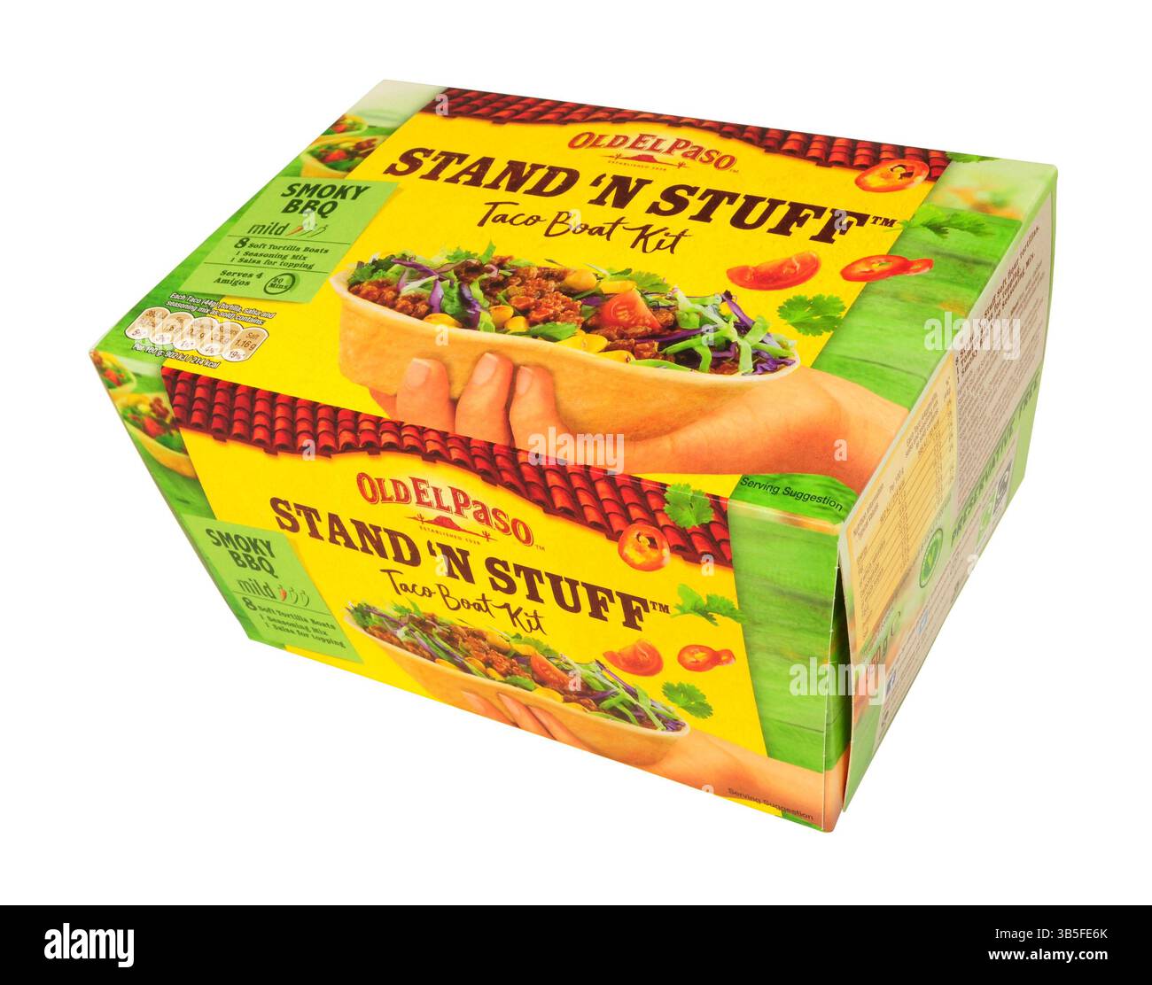 Old El Paso Stand und Stuff Taco Boot Kit rauchige BBQ Geschmack in einer 350 g Box mit acht weichen Mehltortillas Stockfoto