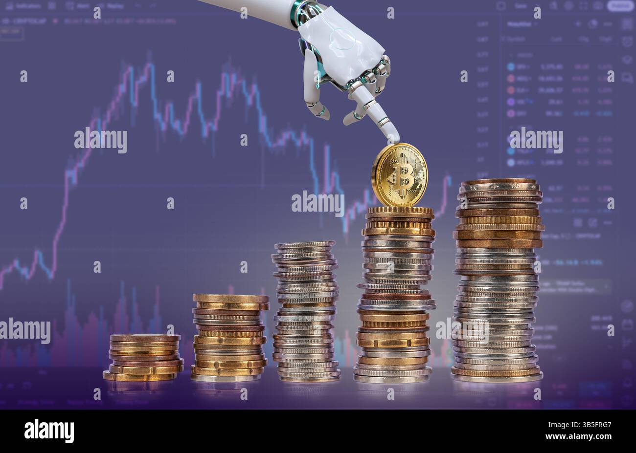 Eine Roboterhand platziert einen Bitcoin auf einem wachsenden Stapel von Münzen und symbolisiert digitale Währungsinvestitionen vor einem finanziellen Hintergrund. Stockfoto