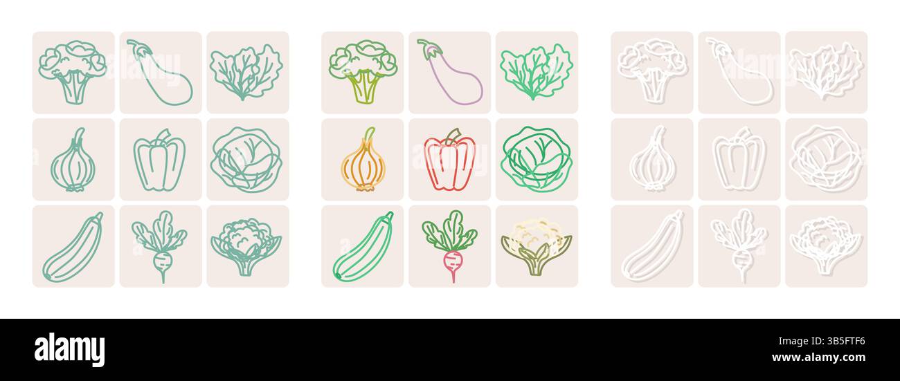 Set mit Gemüsesymbolen im Umrissstil auf beigefarbenem Hintergrund Stock Vektor
