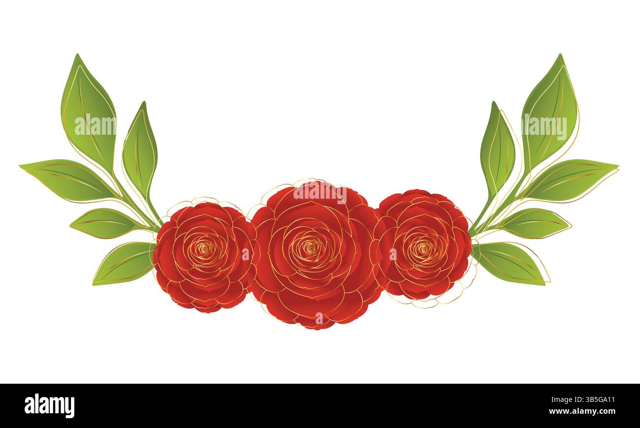 Blick von oben auf rote Rosen und Blätter mit goldener Blumenlinie, goldene luxuriöse Blumenlinien. Vektorillustration von handgezeichneten botanischen dekorativen Elementen. Stock Vektor