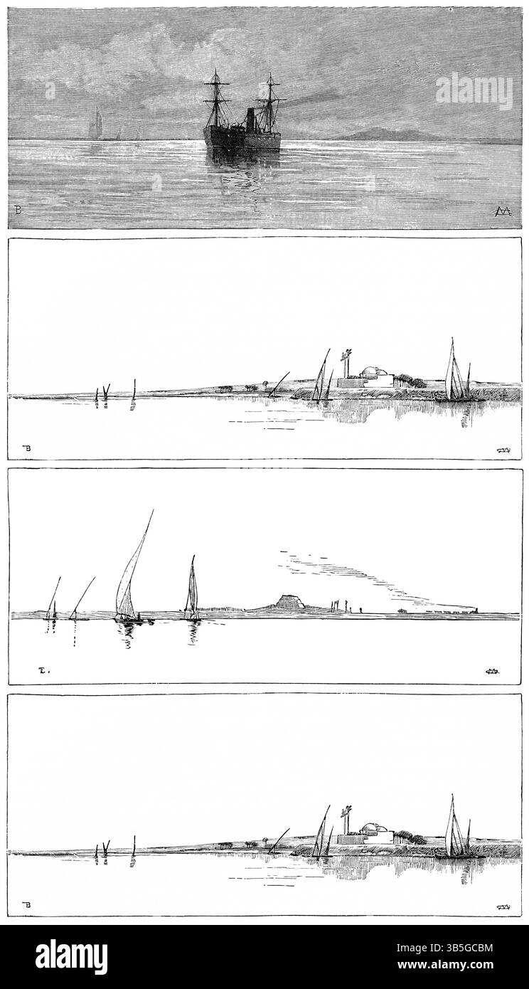 8. Januar 2019, London, England, Vereinigtes Königreich: Nile River Views 1 zwischen Kairo und Assuan, Illustration aus dem Buch, ''From Pharaoh to Fellah'' von C.F. Moberly Bell mit Illustrationen von Georges Montbard, graviert von Charles Barbant, Wells Gardner, Darton, & Co., London, 1888 (Bild: © JT Vintage/Glasshouse Via ZUMA Press Wire) Stockfoto